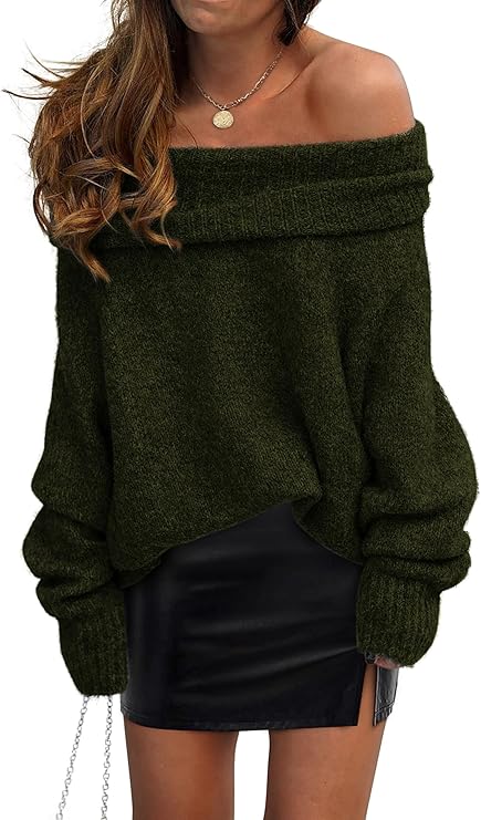 PRETTYGARDEN Women's Off The Shoulder Sweater Long Sleeve Tops 2025 Fall Loose Knit Pullover Sweaters Winter Clothes