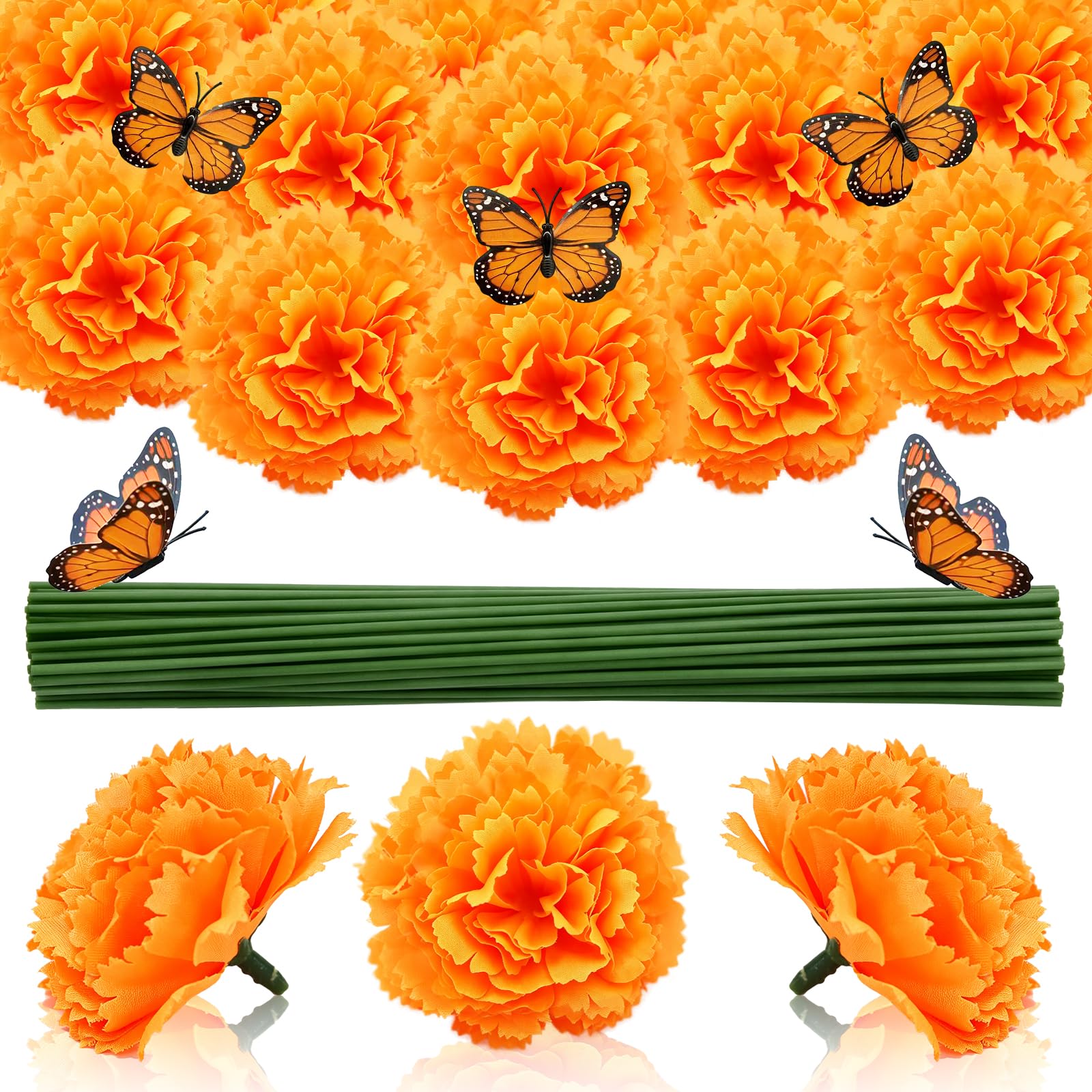 60 Pcs Marigold Flowers, 2 Inch Silk Artificial Orange Cempasuchil Marigold with Stems Bulk, Dia De Los Muertos Ofrenda Decor Diwali Home Decor Day of The Dead Decorations, Monarch Butterfly Decor
