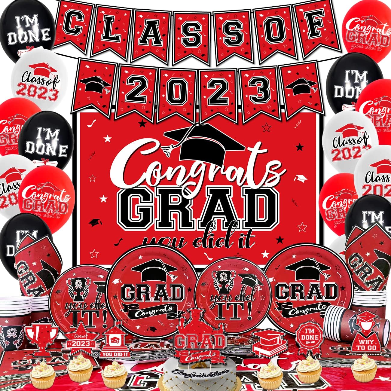 Graduation Decorations Class of 2023 Red and Black Graduation Party Decorations with Graduation Tableware, Backdrop, Tablecloth, banner, Cups, Balloons, Cake Toppers for 2023 Graduation Decorations