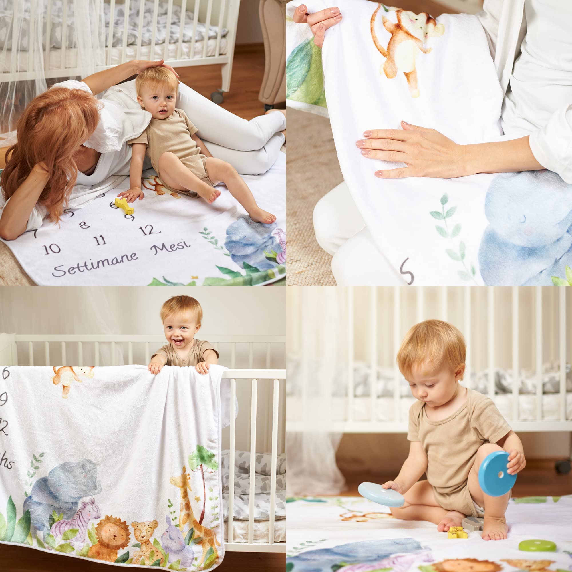 ODOXIA Coperta, Tappeto Mesi Neonato In Italiano | Unisex | Tema Safari | Regalo Baby Shower Personalizzato Per Neomamme | Incluse Cornici