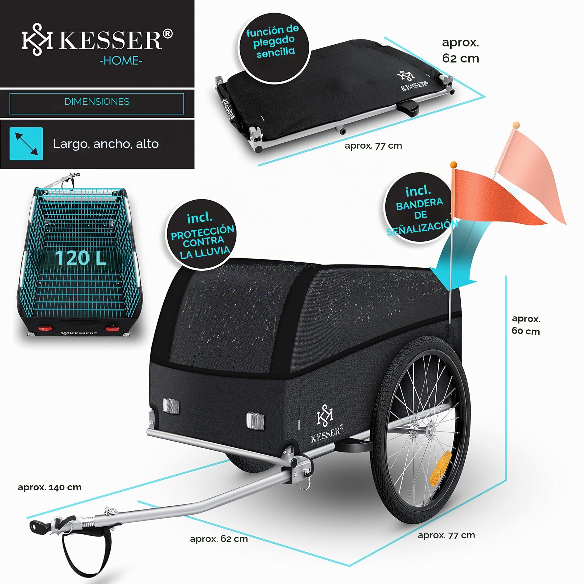 KESSER® Remolque de Carga para Bicicleta, Remolque de Transporte, con Embrague, Incluye Tapa, función Plegable, para Bicicleta, Caja de Transporte con 120 litros, máx. 40 kg