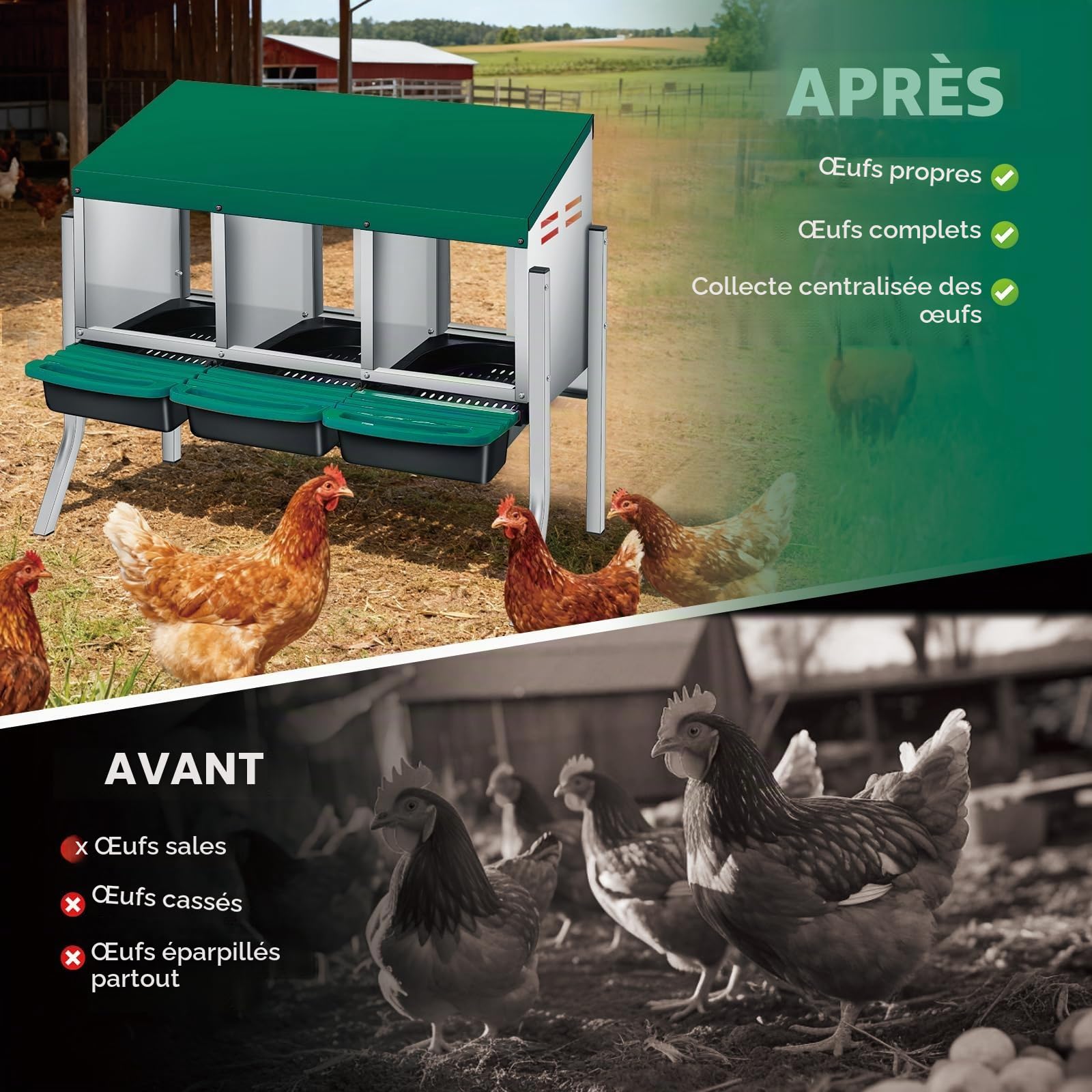 Pondoir à œufs Roulant 3 Compartiments, Métal Galvanisé, Toit Ventilé, Bac Amovible, pour Poulailler Et Basse-Cour