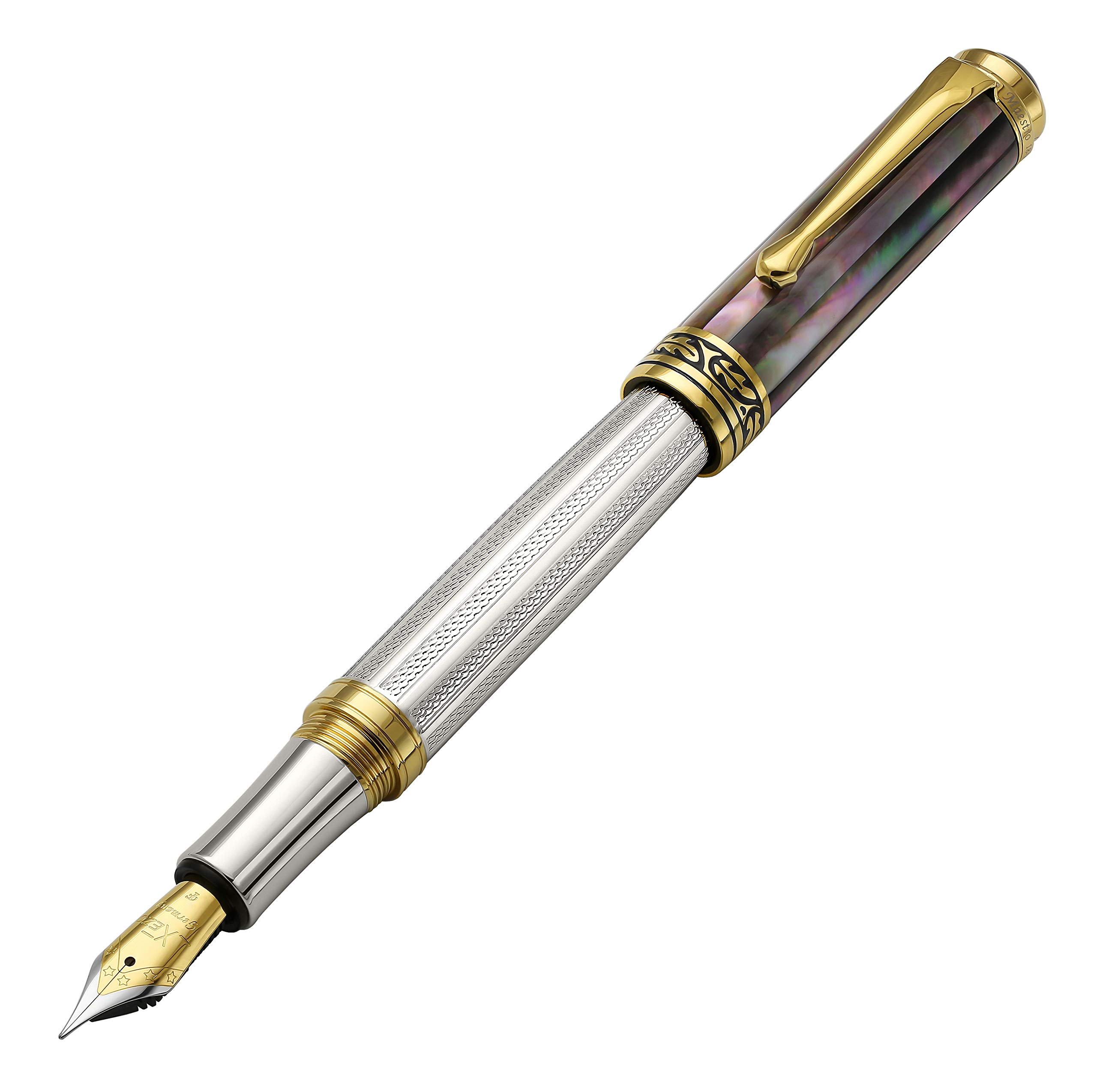 Xezo Maestro Fountain Pen, Fine Nib. Solid 925 Sterling Silver and Tahitian Black Mother of Pearl with 18 Karat Gold Plating. Handcrafted, Limited