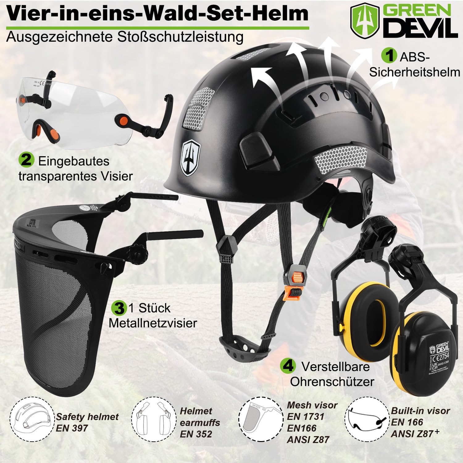 GREEN DEVIL Casque de protection pour tronçonneuse - Certifié EN397 - Système 5 en 1 avec protection du visage en maille - Visière et cache-oreilles intégrés - Ventilé - Pour le travail du bois et le