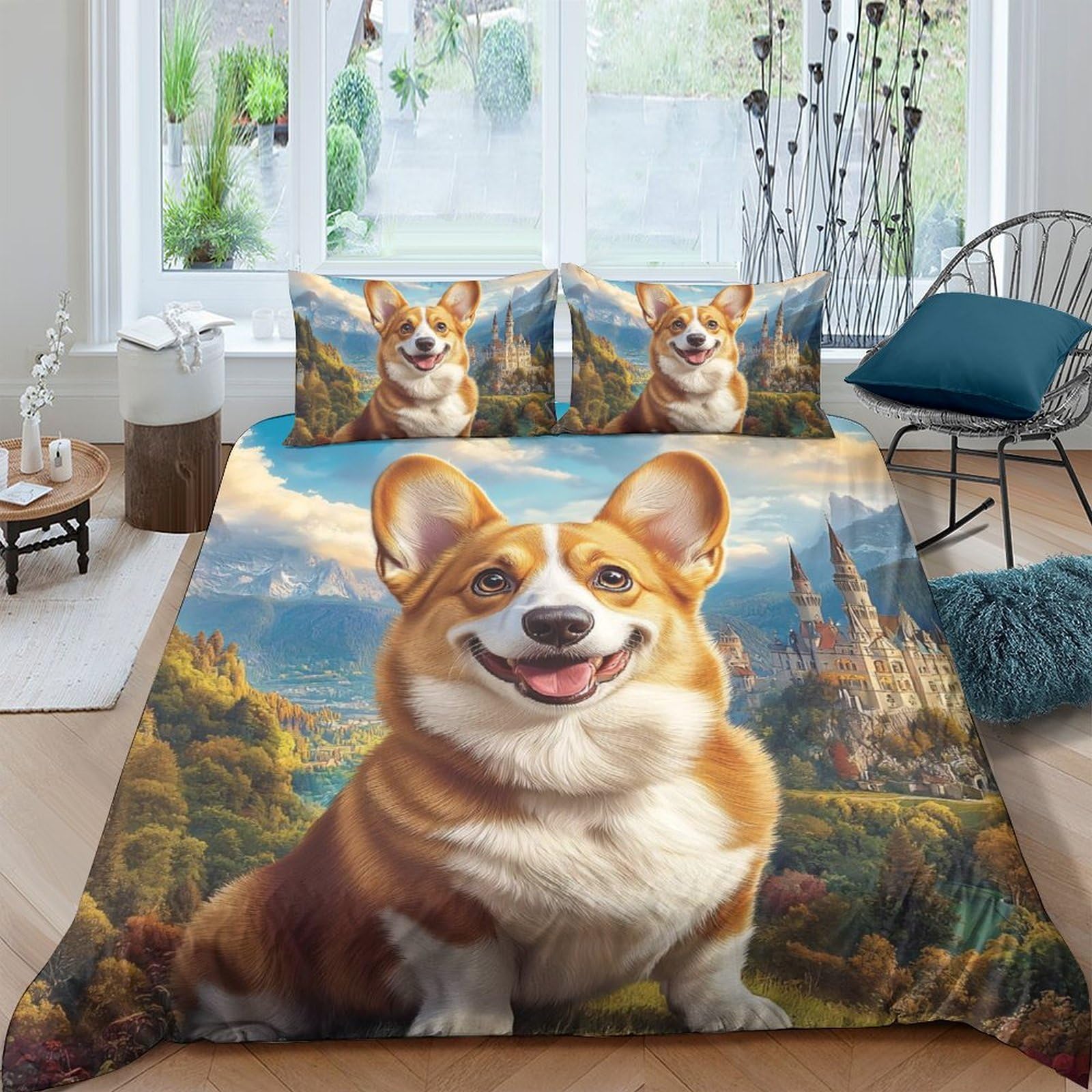 Ctjqhvkz Style-3 3D Printed Corgi Landscape Fitted Sheet Microfiber Soft Mattress Cover Bedroom Decor Machine Washable Anti-Slip Single（135X200cm）