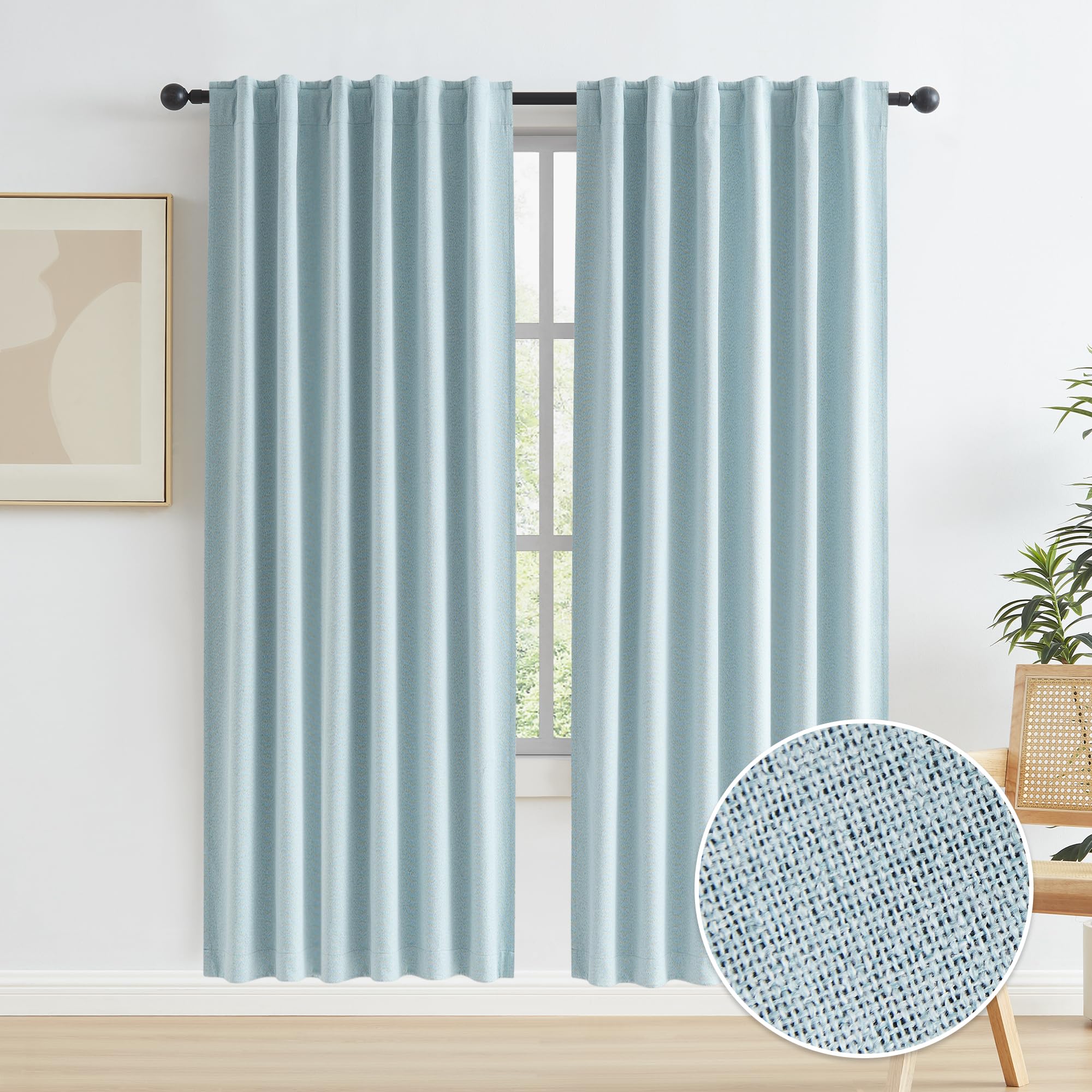 Full Shading Blackout Linen Door Curtains for Doorway, Pair of Energy Smart Noise Reducing Drapes for Bedroom, Privacy Assured Panels Back Tab Rod Pocket Track 50�W x 80�L, Light Sky Blue