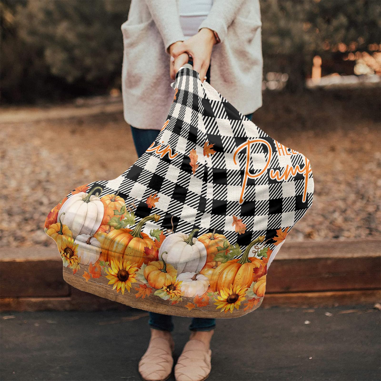 Nursing Cover for Breastfeeding Scarf, Pumpkins Maple Leaf Sunflowers Fall Plaid Thanksgiving Baby Car Covers Super Soft Multi Use for Canopy Shopping Cart Cover Blanket Stroller Cover