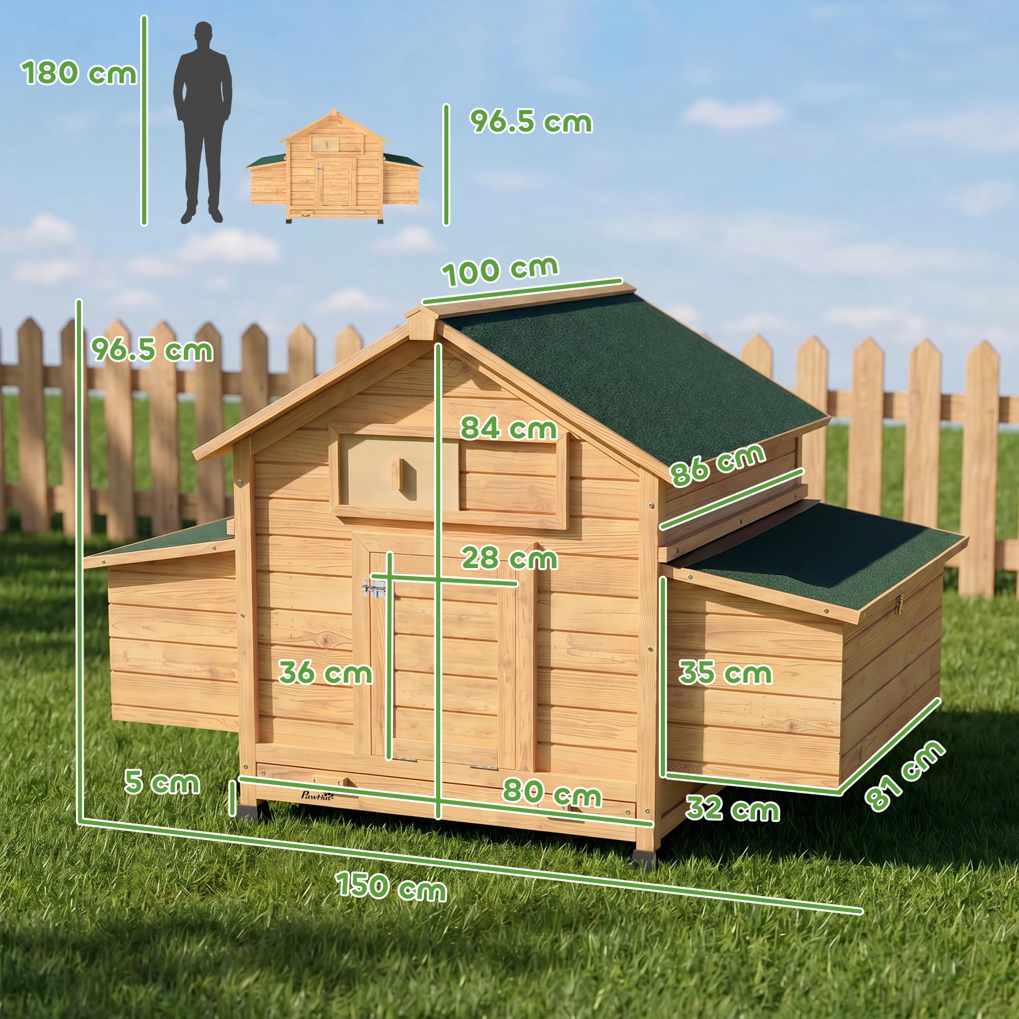 PawHut Pollaio in Legno con 2 Nidi, Pollaio per Galline da Esterno con Tetto Apribile Impermeabile, Vassoio Estraibile e Trespoli, Casetta per 2-4 Galline, Anatra, Giardino, 150x100x96.5 cm, Giallo