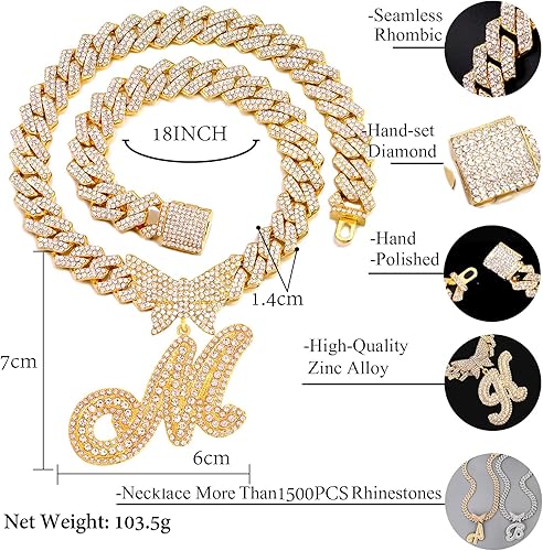 Miniatura 7 de Cuban Link Chain for Women Cursive Silver Initial 14MM Diamond Prong Cuban Chain Hip Hop Iced Out Chain Necklace Butterfly Initial Letter Name