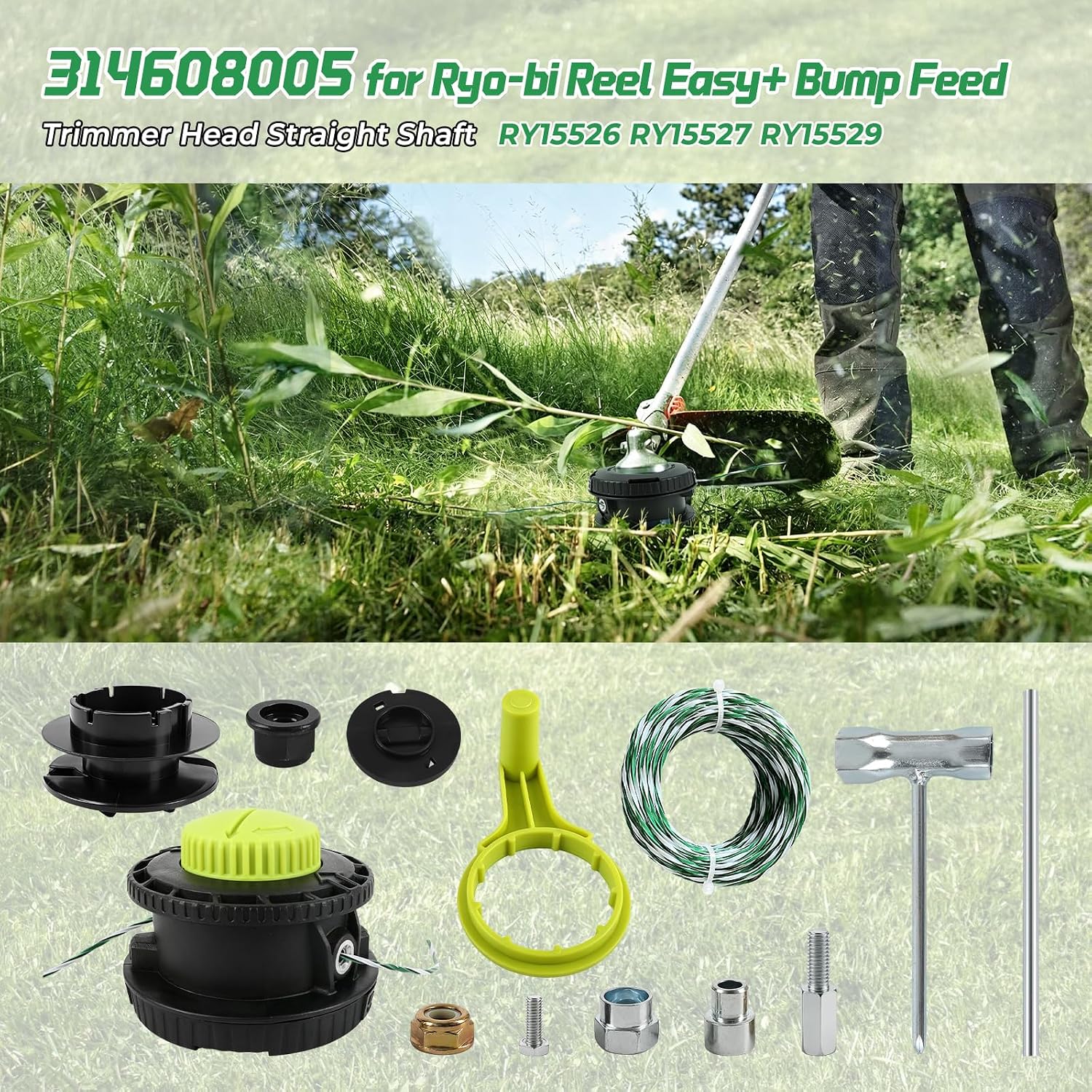 314608005 Trimmer Head Replacement with 50ft (15m) Premium Twisted Line, Reel Easy+ Bump Feed Head Fit for Ryobi 40V Straight Shaft String Trimmer RY15526 RY15527 RY15529, Low-Noise Aerodynamic Design image 2