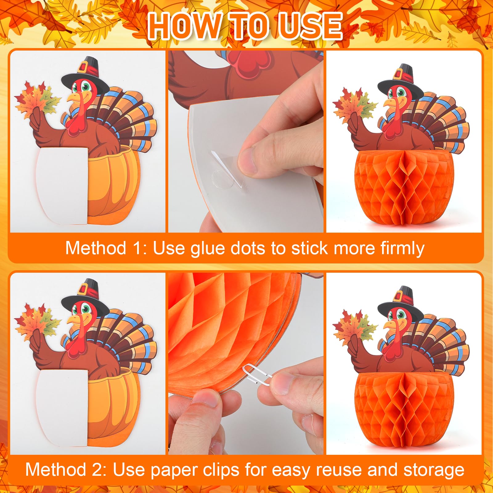 4-Pack Large Thanksgiving Honeycomb Centerpieces - Turkey & Pumpkin Standing Decor For Fall Harvest Tables - View #14