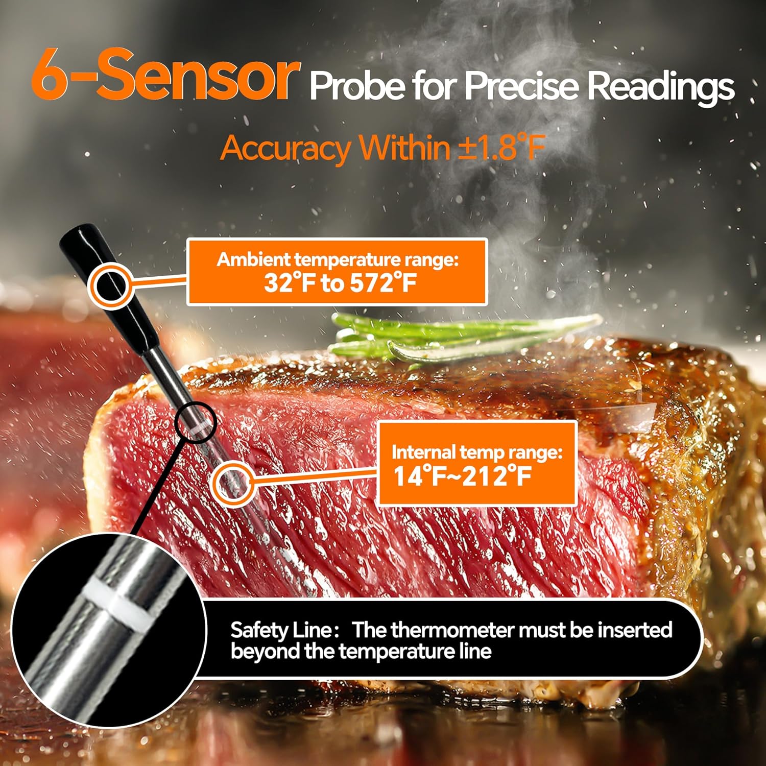 Wireless Meat Thermometer Digital with Bluetooth App Control, Rechargeable Grill & BBQ Thermometer with Single Probe for Smoker, Oven, Kitchen Cooking, IP67 Waterproof Dishwasher-Safe Probe