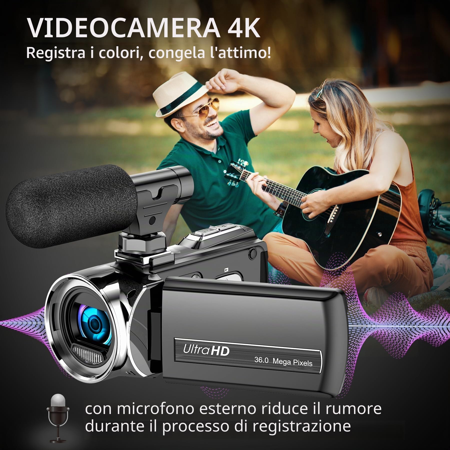 Videocamera, 4K, 36 MP, per fotocamera digitale YouTube 30 FPS, schermo IPS girevole a 270°, con zoom digitale 18x, treppiede, 32G SD & batterie