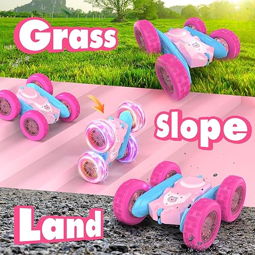 Miniatura 6 de NQD Coche de control remoto para niñas, autos RC rosados de doble cara 360 con luces intermitentes de rueda 2 baterías, 2.4 GHz recargable RC Stunt