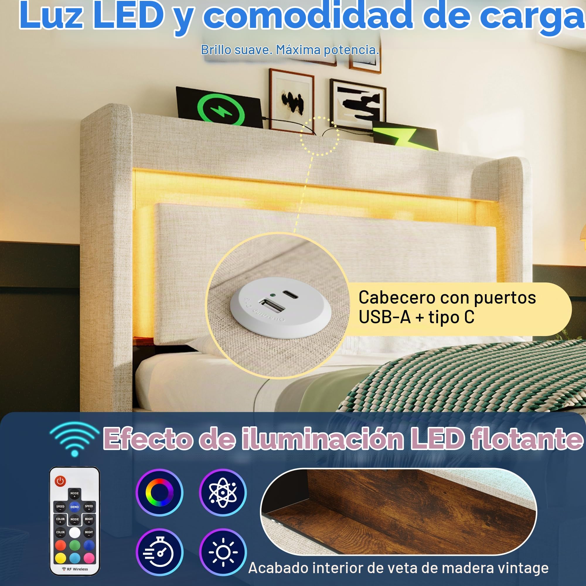 Cama 90x200 cm Camas Juveniles con USB y LED, Cama Individual Tapizada con Almacenamiento Abatible y Cajón, Camas Infantiles Individuales con Almacenaje Hidráulico, Lino, Sin Colchón, Beige
