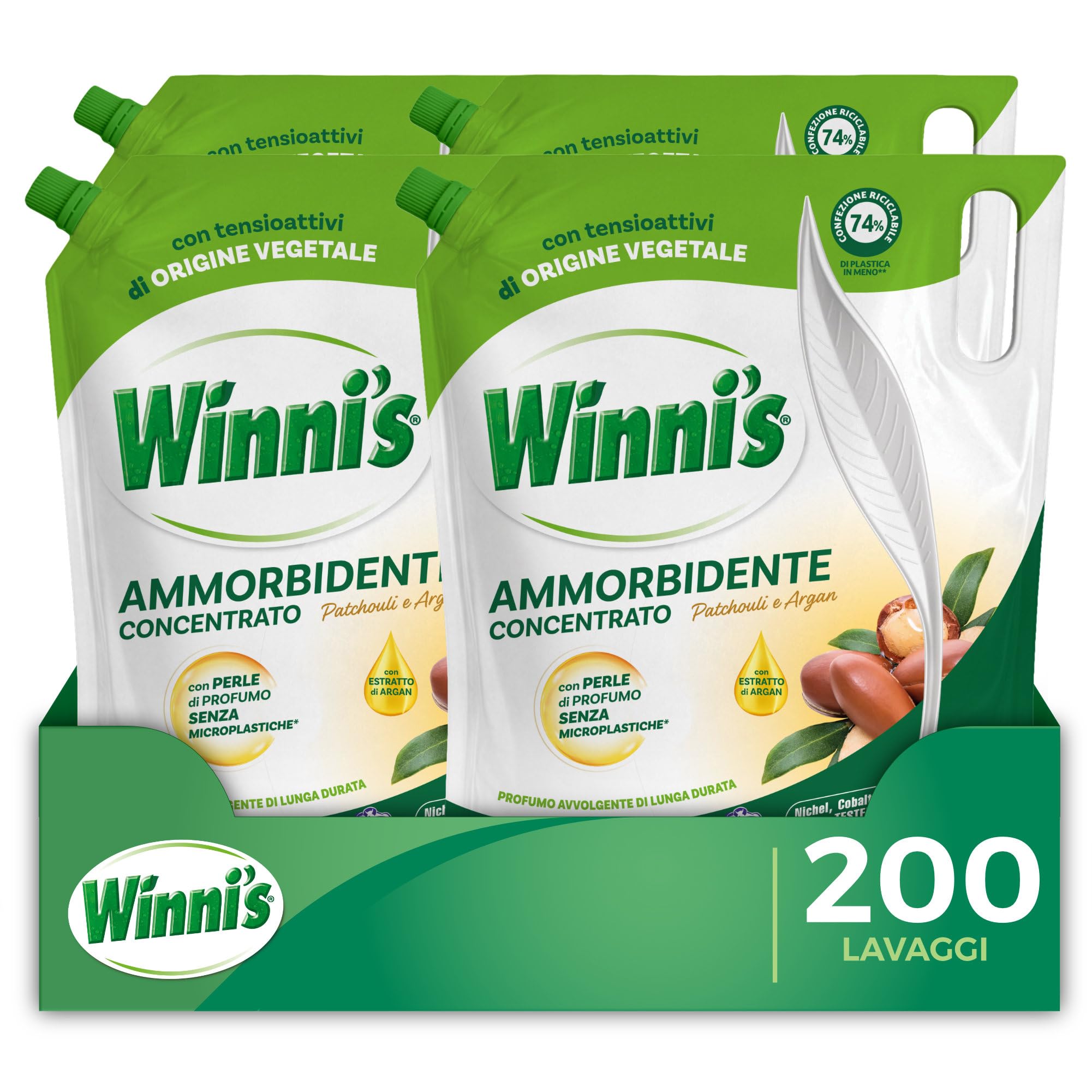 Winni's Ammorbidente Lavatrice, Patchouli e Argan, 200 Lavaggi, 1250 ml x 4