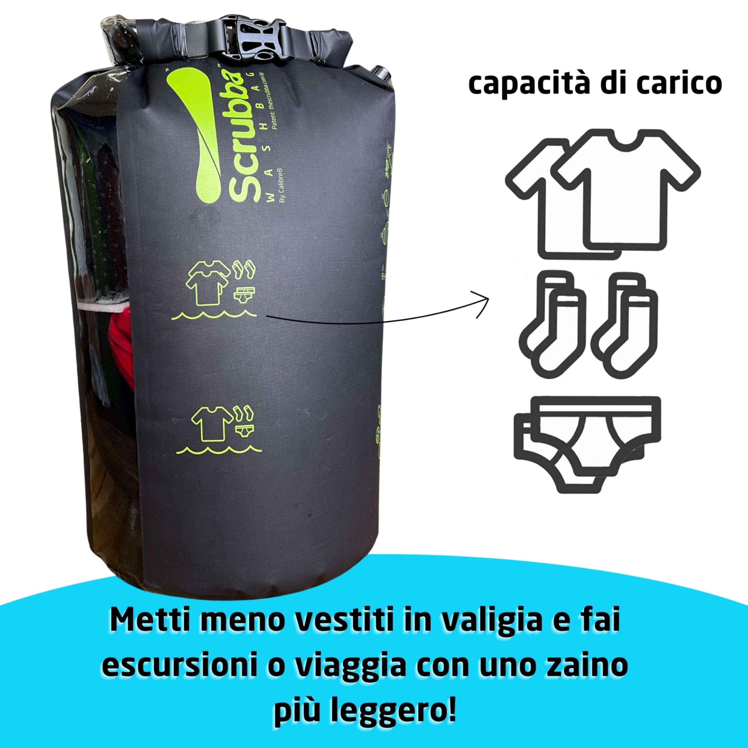 Scrubba Wash Bag 2.0 Sacchetto Lavatrice Portatile Borsa Sacco per Lavare Lavasciuga con Esclusivo Sistema Asse per Bucato Indispensabile Accessorio Camper Campeggio Escursione Viaggio Ovunque