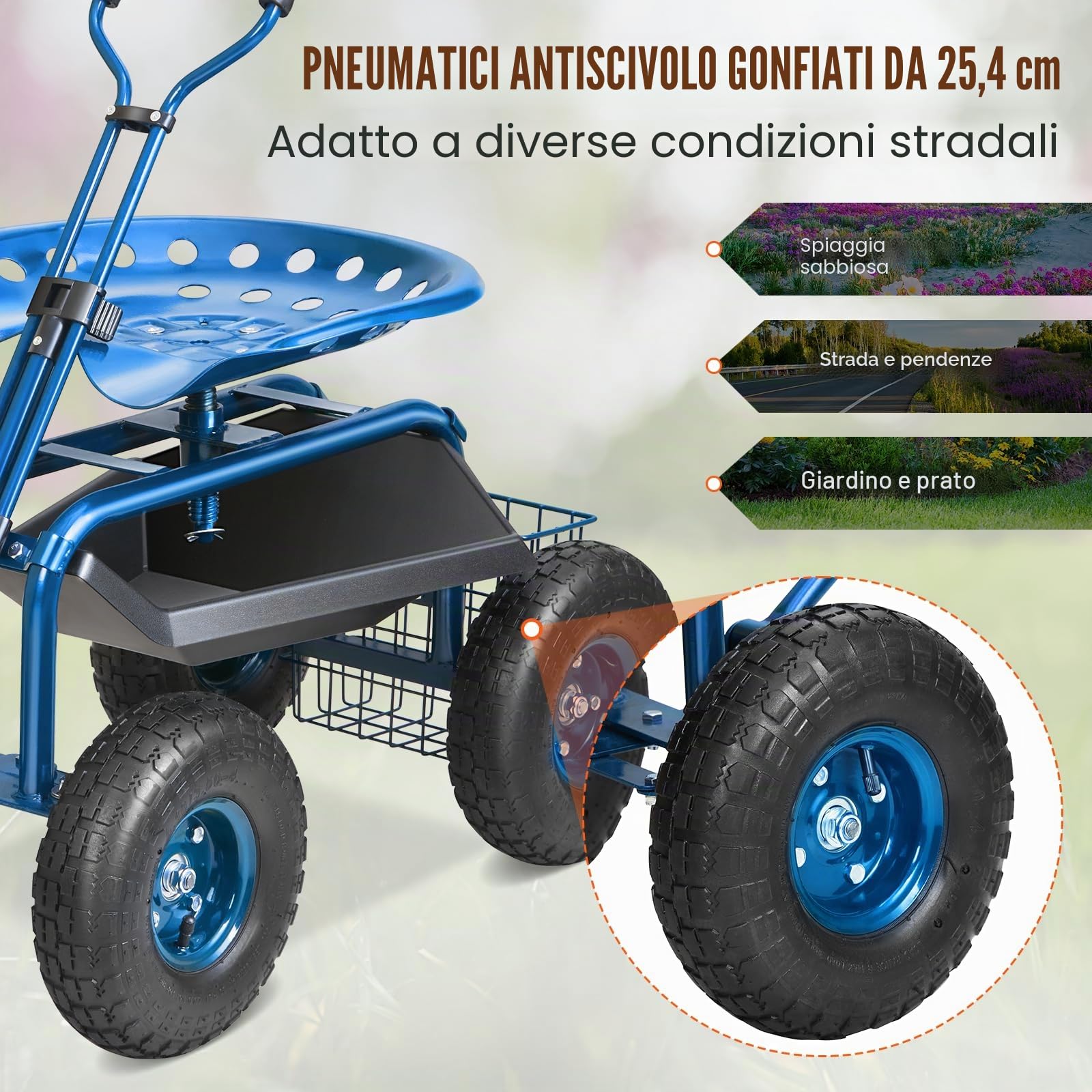 VEVOR Sedile da Giardino a Rotelle Sgabello da Giardinaggio Girevole a 360° su Ruote Gonfiabili Carrello da 25,4cm con Sedile 760x450x960 mm Manico Allungabile Vassoio Porta Attrezzi per Patio Cortile