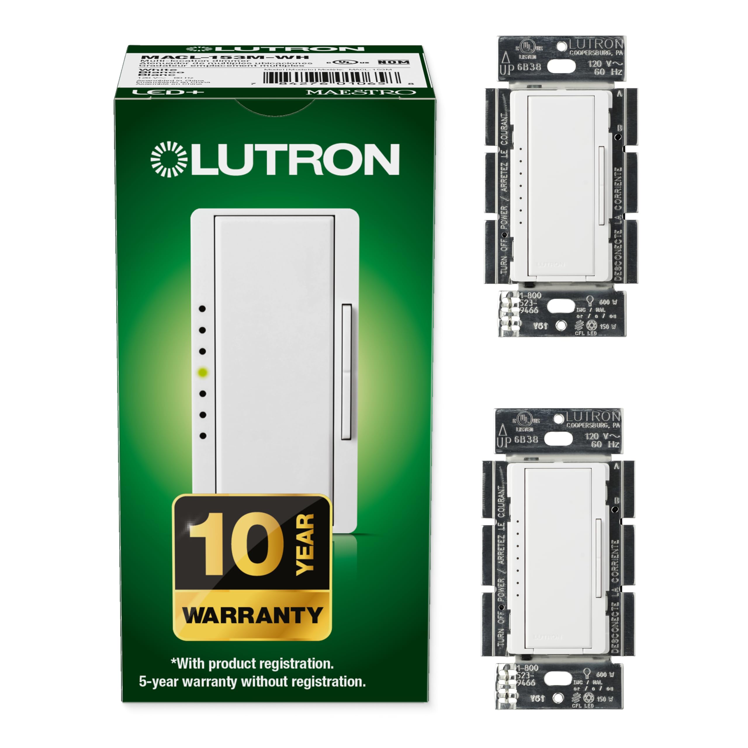 Lutron MACL-153M-WH-2 White Maestro C.L Dimmer Switch (2 Pack) | for Dimmable LED, Halogen & Incandescent Bulbs, Single-Pole or Multi-Location | MACL-153M-WH
