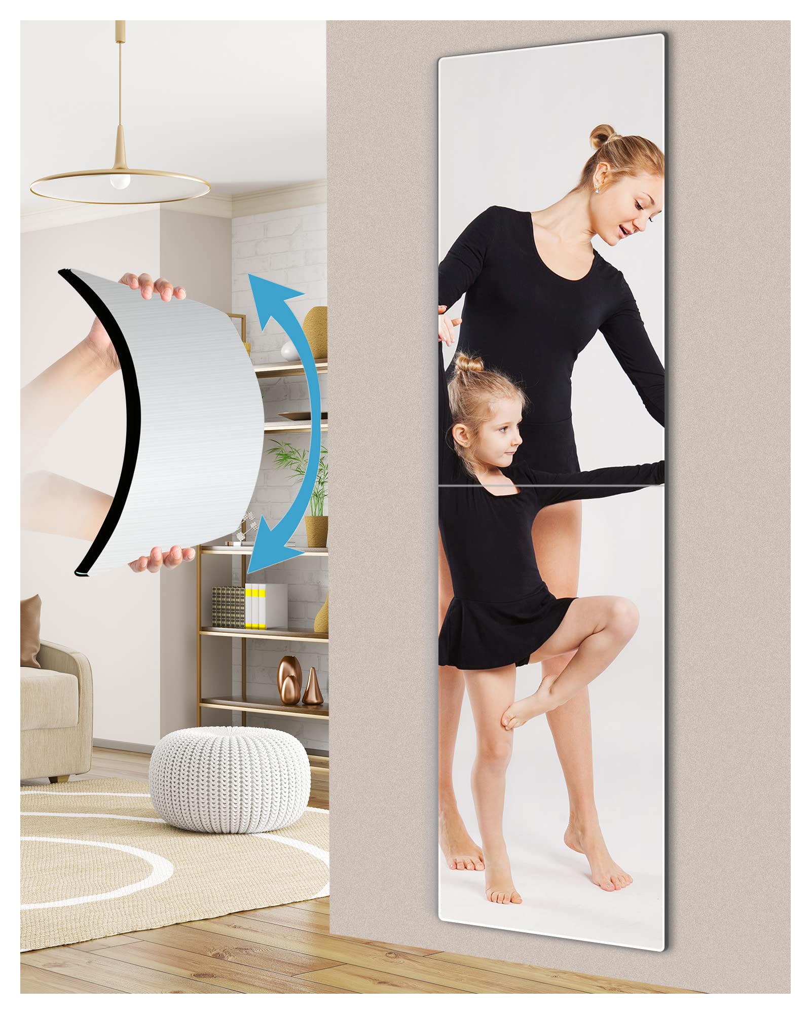 Unbreakable Full Length Wall Mirror,Over The Door mirror,Super Thick:0.16",48"x12" 2Pcs 24"x12",Made Of Shatterproof Plexiglass Acrylic,Long Mirrors For Bedroom Closet,Workout For Home Gym Body