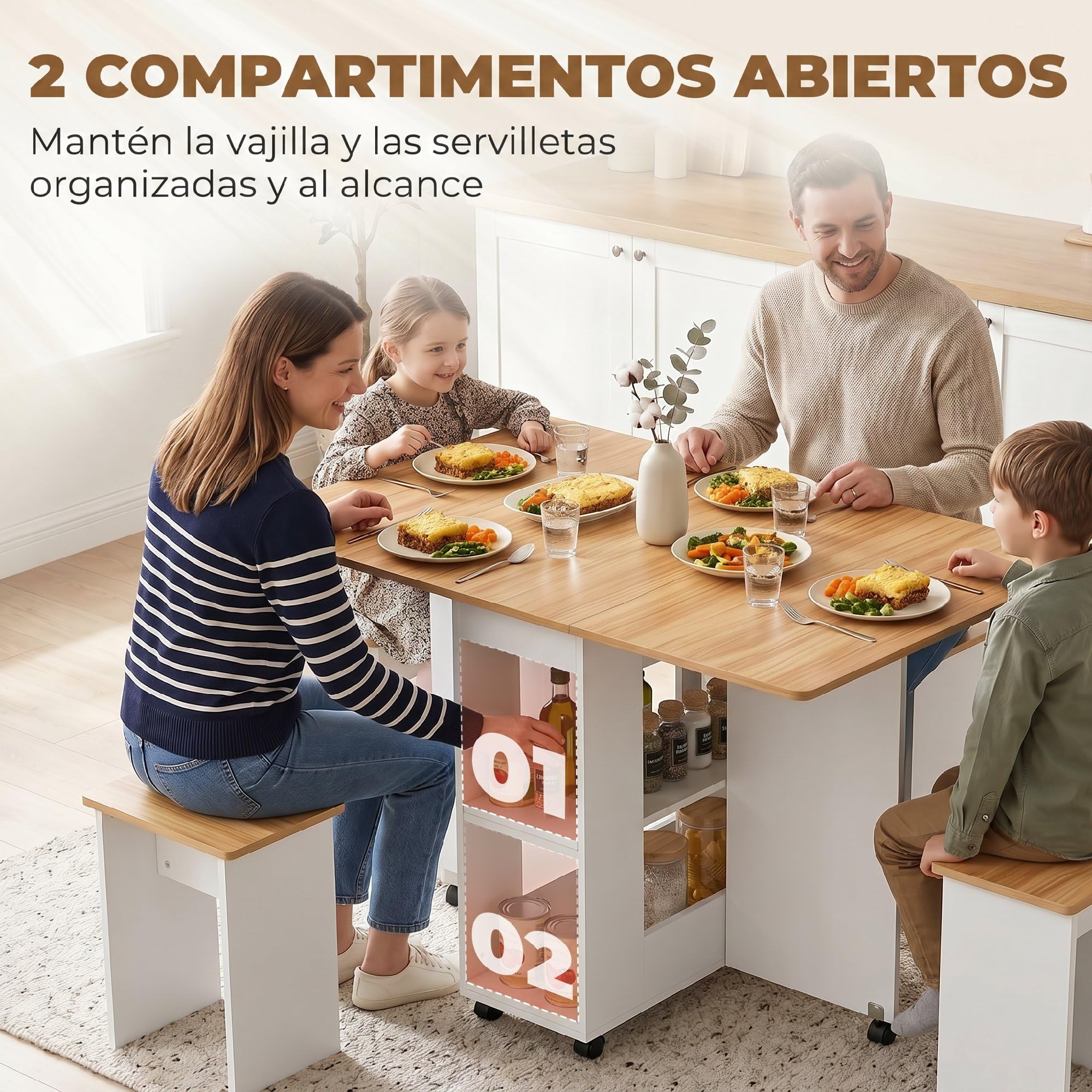 HOMCOM Conjunto Mesa y 4 Sillas de Comedor para 4 Personas Roble | Mesa de Comedor Plegable con Taburetes Ocultos, 2 Alas Abatibles, Ruedas, Estantes, Ahorro de Espacio