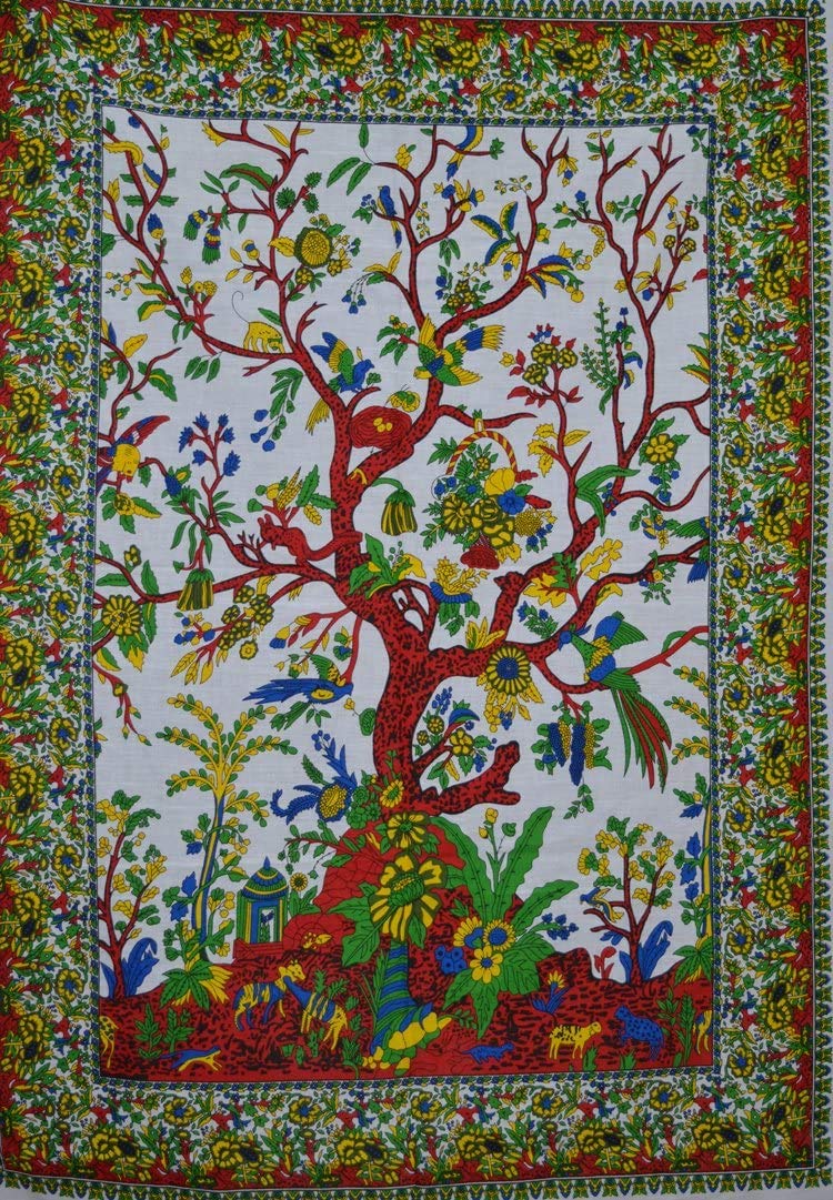 Tenture Murale Arbre De Vie 100% Coton Beige 88x104 Pouces - Décoration Bohème Indienne