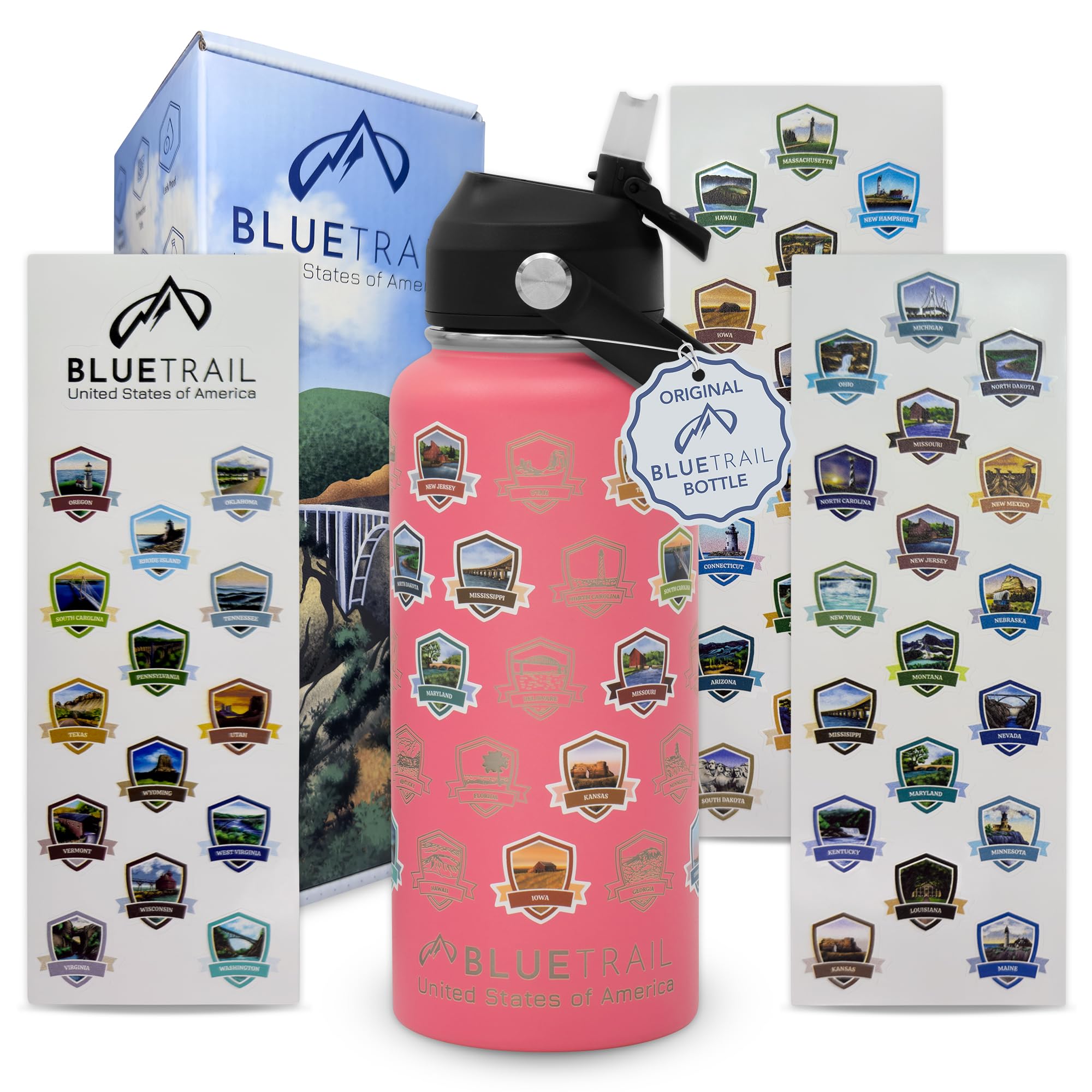 BlueTrail 50 States Water Bottle with Stickers - 32 oz Insulated Stainless Steel, Upgraded Leak-Proof Lid, UV & Waterproof Permanent Stickers, Laser