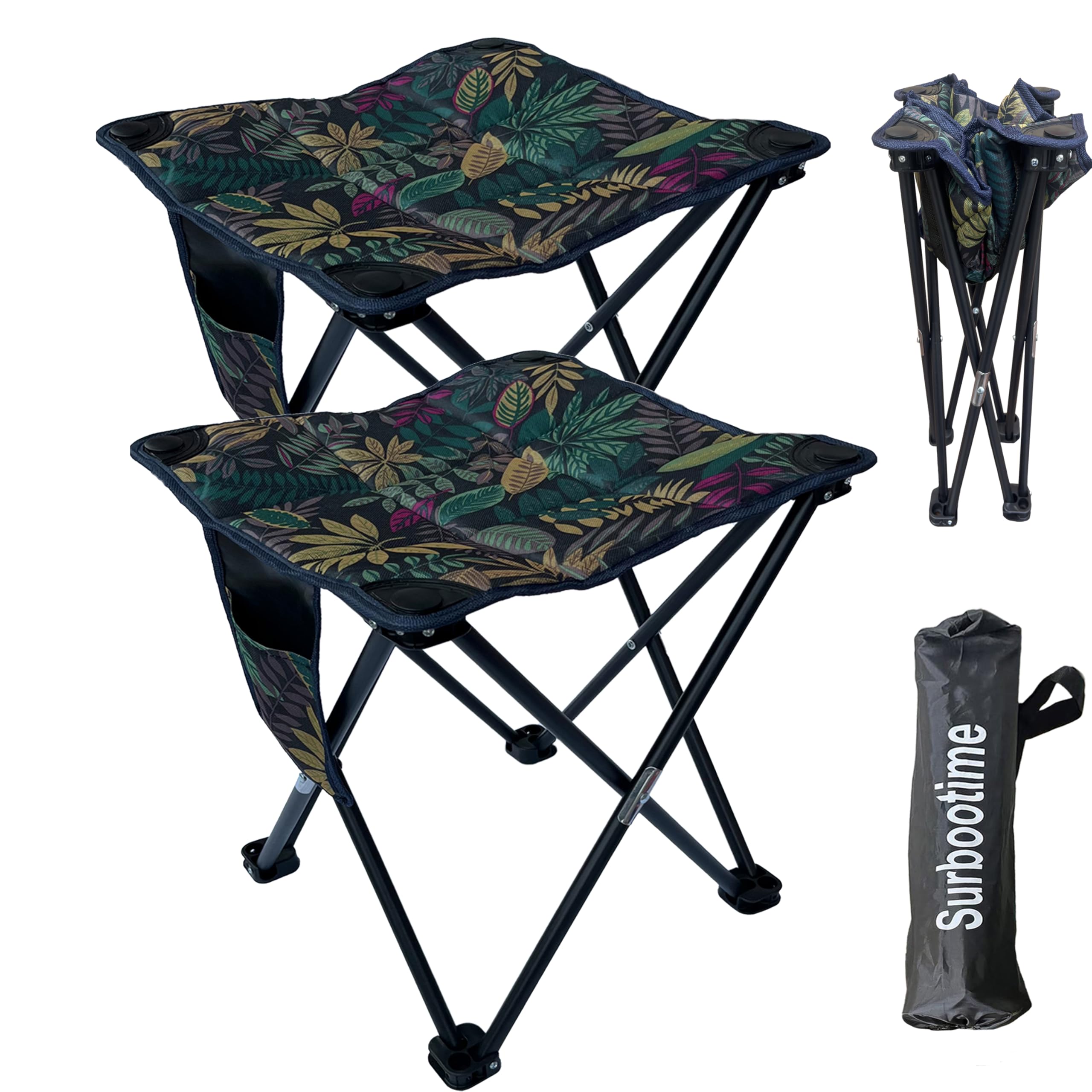 Portable folding camping stool, cotton lining, 2 pieces 14*14*15 inches, soft outdoor seat with side pockets, extra-large footstool, suitable for fishing, picnics, beach barbecues, hiking(Maple Leaf)