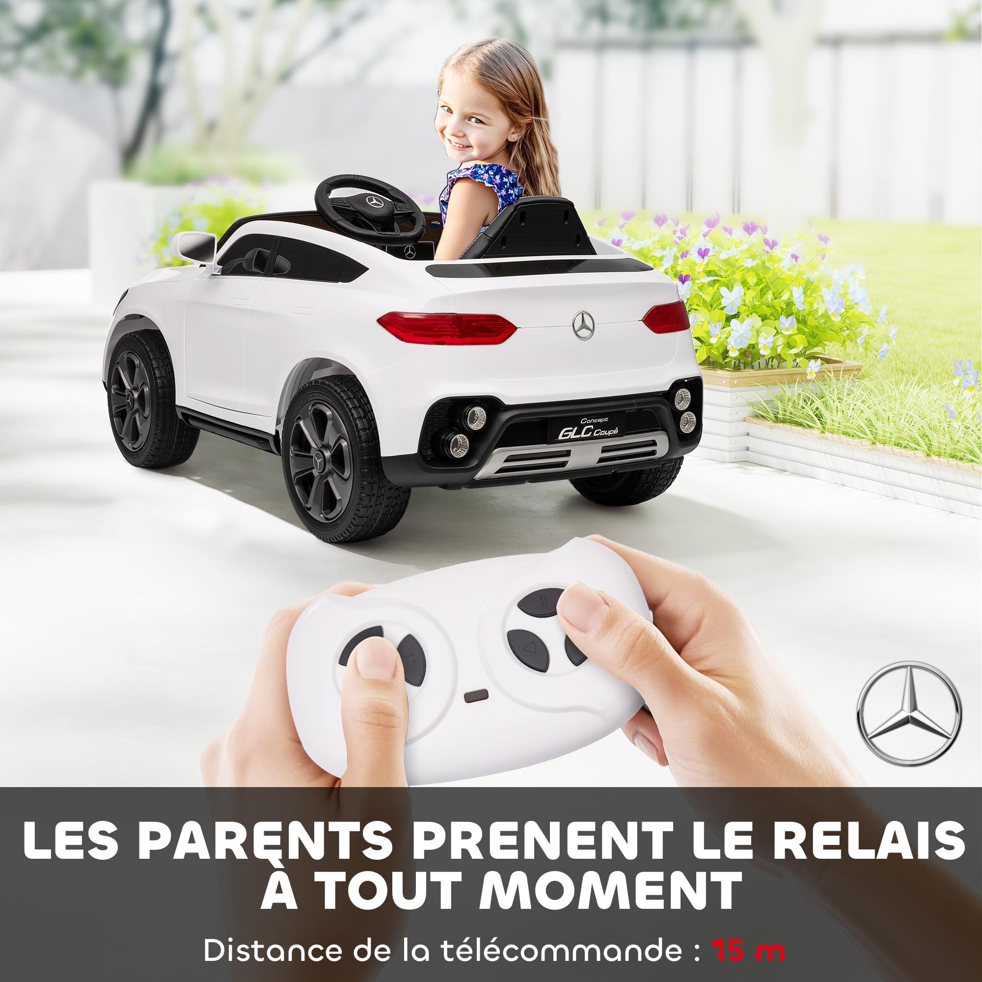 AIYAPLAY Voiture Électrique Enfants Mercedes-Benz GLC Coupe 12V Blanc | Véhicule Électrique, Télécommande 2,4G, 3 Vitesses, Phares, Musique, MP3, Klaxon, Démarrage Lent, 3 à 6 Ans