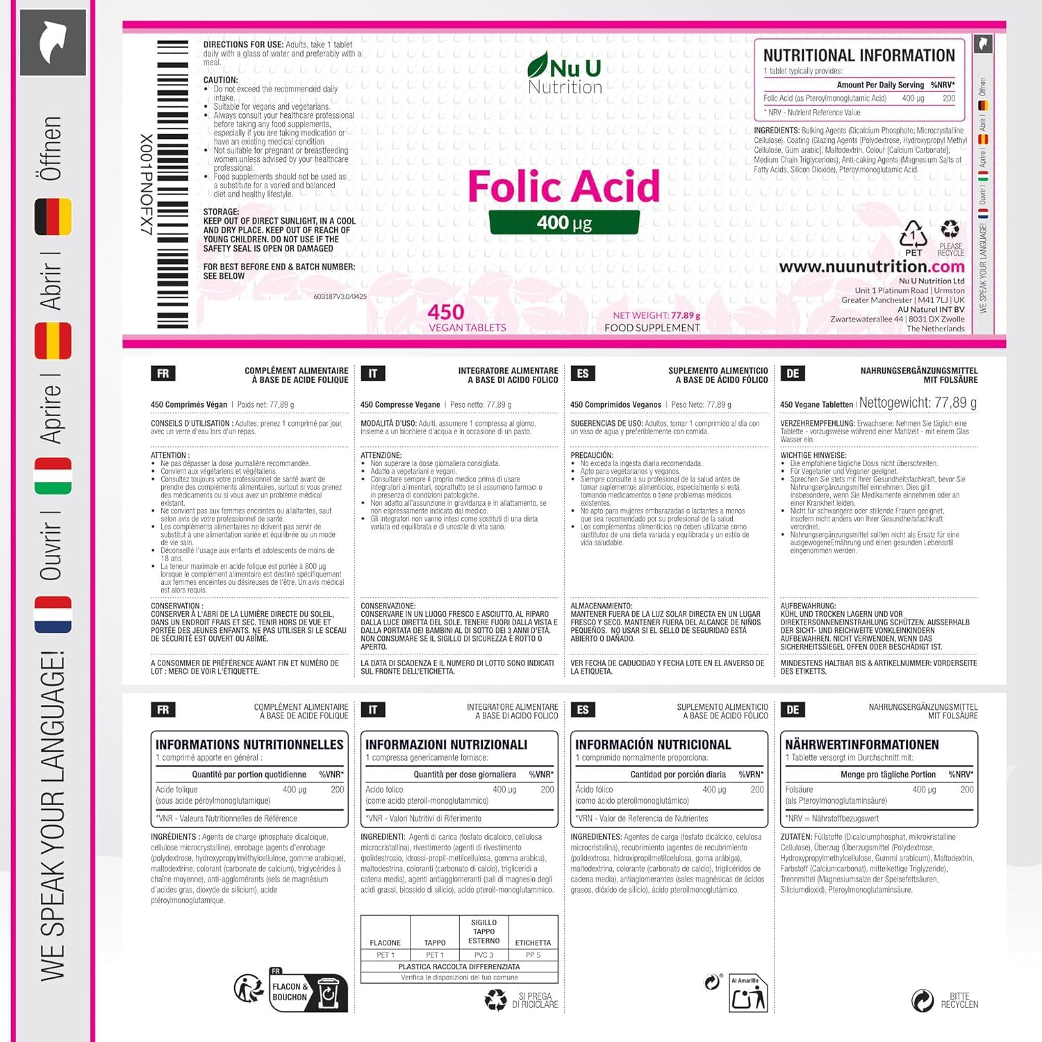 Acide Folique 400 µg – 450 Micro Comprimés Végétaliens – Cure de 15 Mois – Vitamine B9 Folate pour Femmes Enceintes – Supplément Prénatal – Fabriqué en Europe – Nu U Nutrition