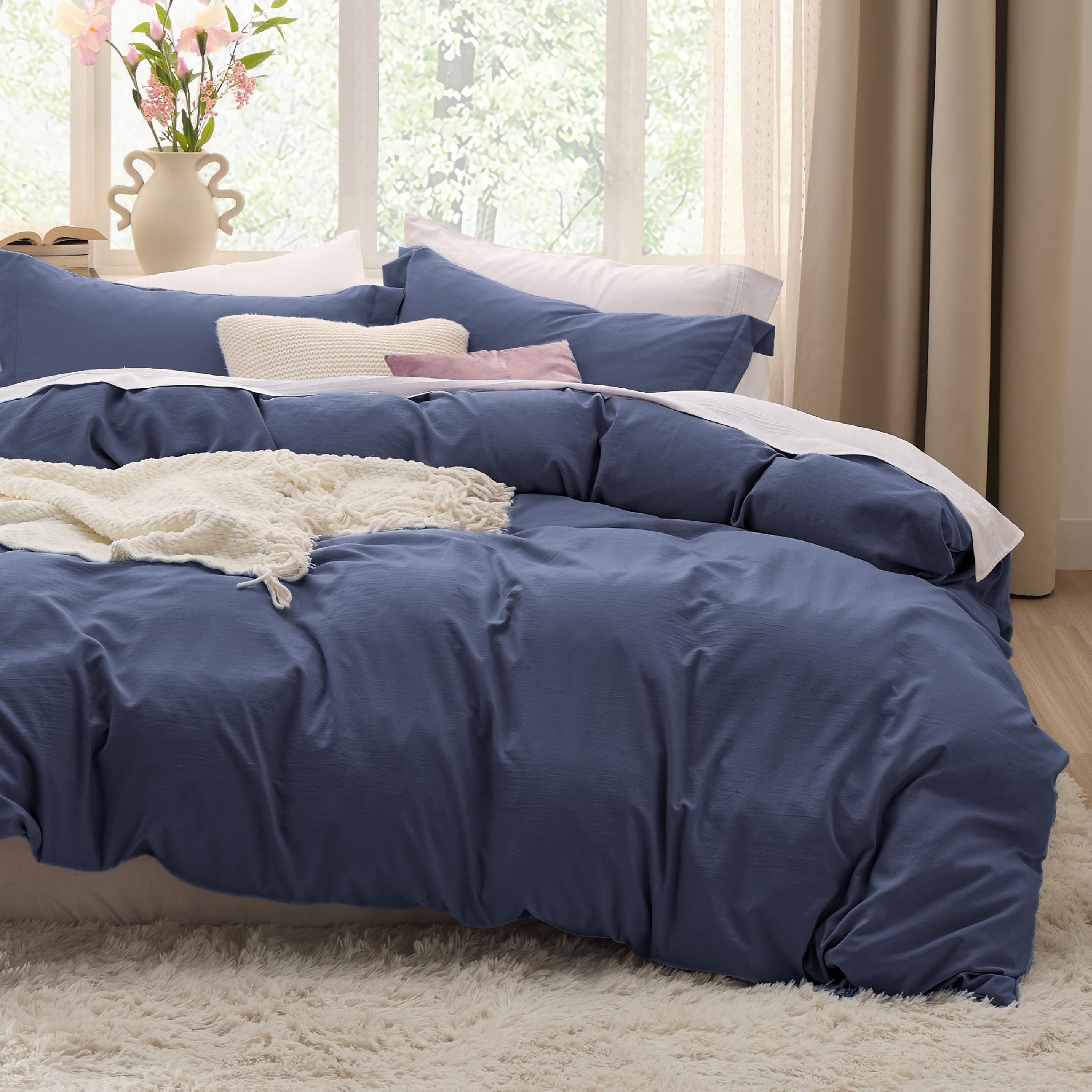 Navy Duvet Covers Queen Size - Prewashed Cotton-Like Polyester Duvet Cover, Soft Queen Duvet Cover Set 3 Pieces with Zipper Closure, 1 Duvet Cover 90x90 inches and 2 Pillow Shams