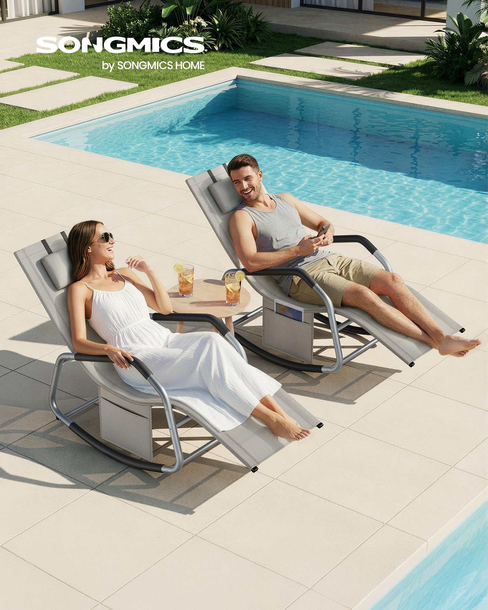 Outsunny schommelstoel met verstelbare rugleuning en voetensteun, schommelstoel met hoofdkussen, ligbank voor buiten, schommelbank, textilene, grijs, 90 x 64 x 110 cm