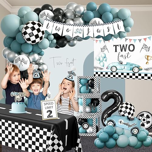 Vista 7 de Dos decoraciones de cumpleaños rápidas, decoración de segundo cumpleaños para niños, suministros de fiesta de coche de carreras para niños de 2 años