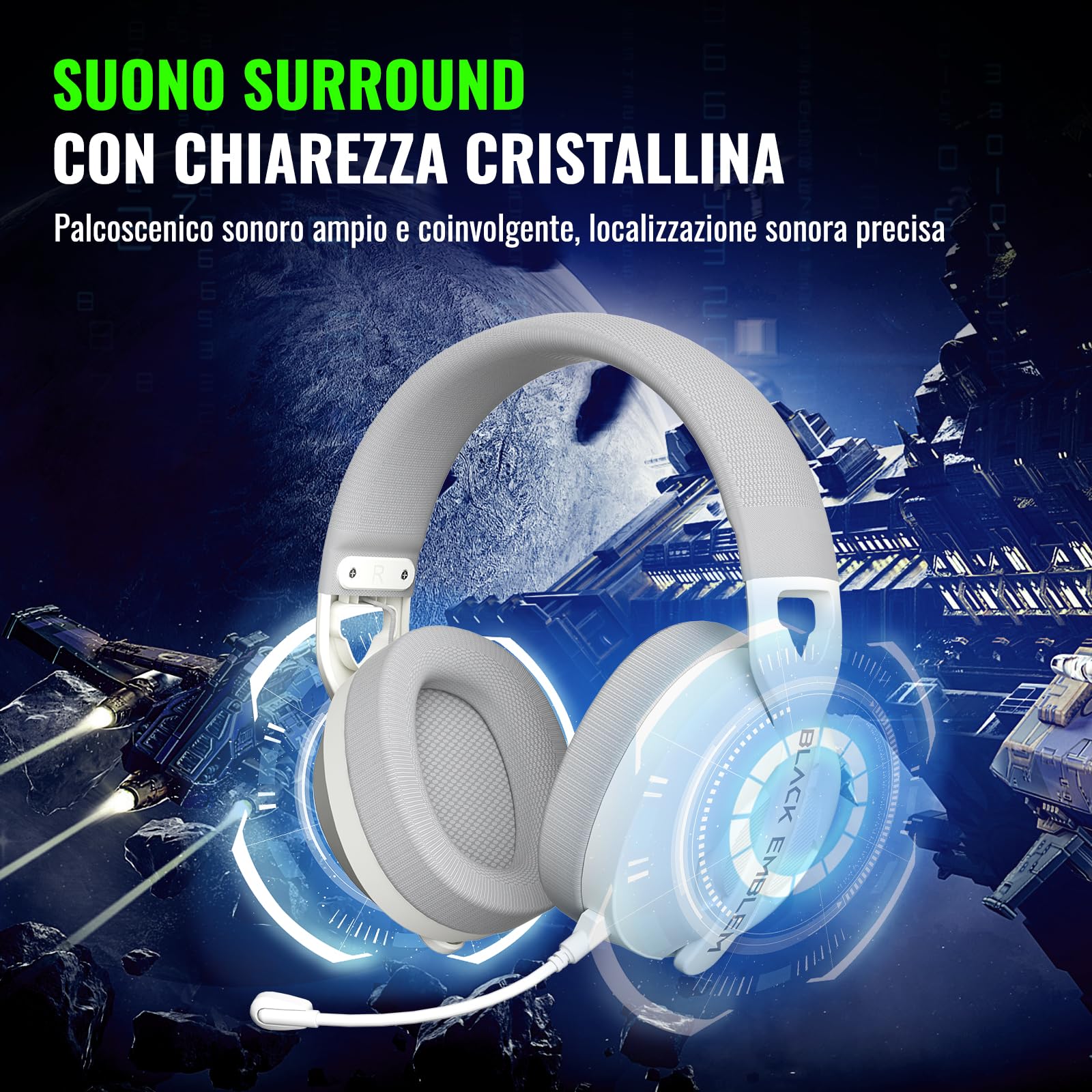 Black Emblem X2 Cuffia Gaming Senza Fili 2.4ghz - 3 Modalità Di Connessione Per Pc, Ps5, Ps4 Con Audio Senza Perdite Tramite Usb - Cuffia Con Microfono Rimovibile Per Iphone 16, Telefoni Android