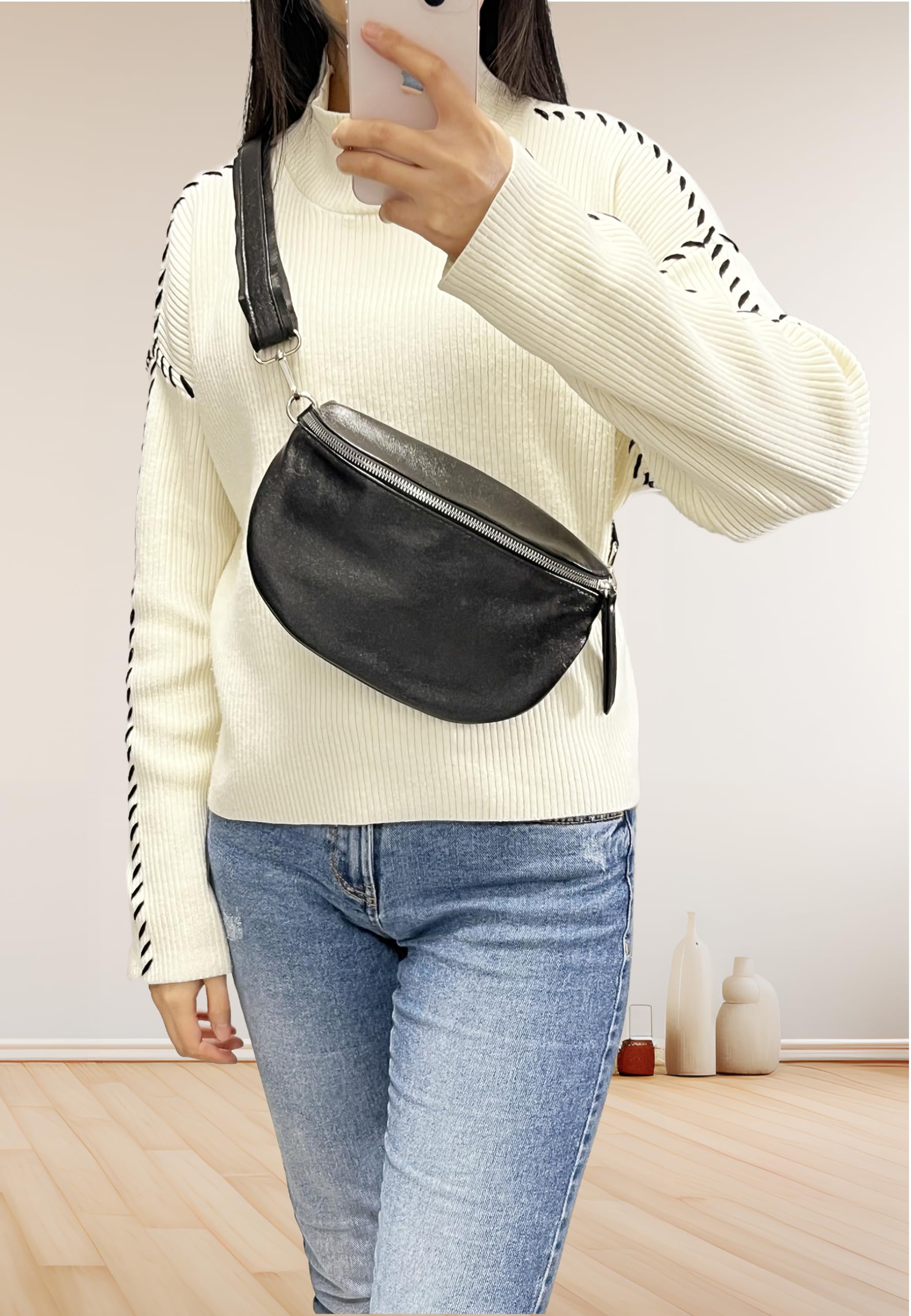 Flora CO Paris | Sac Banane Bandoulière Femme Irisé Noir | Porté Épaule Croisé Ou Devant Poitrine | Ultra Léger | Brillant Similicuir Souple | Mode Chic