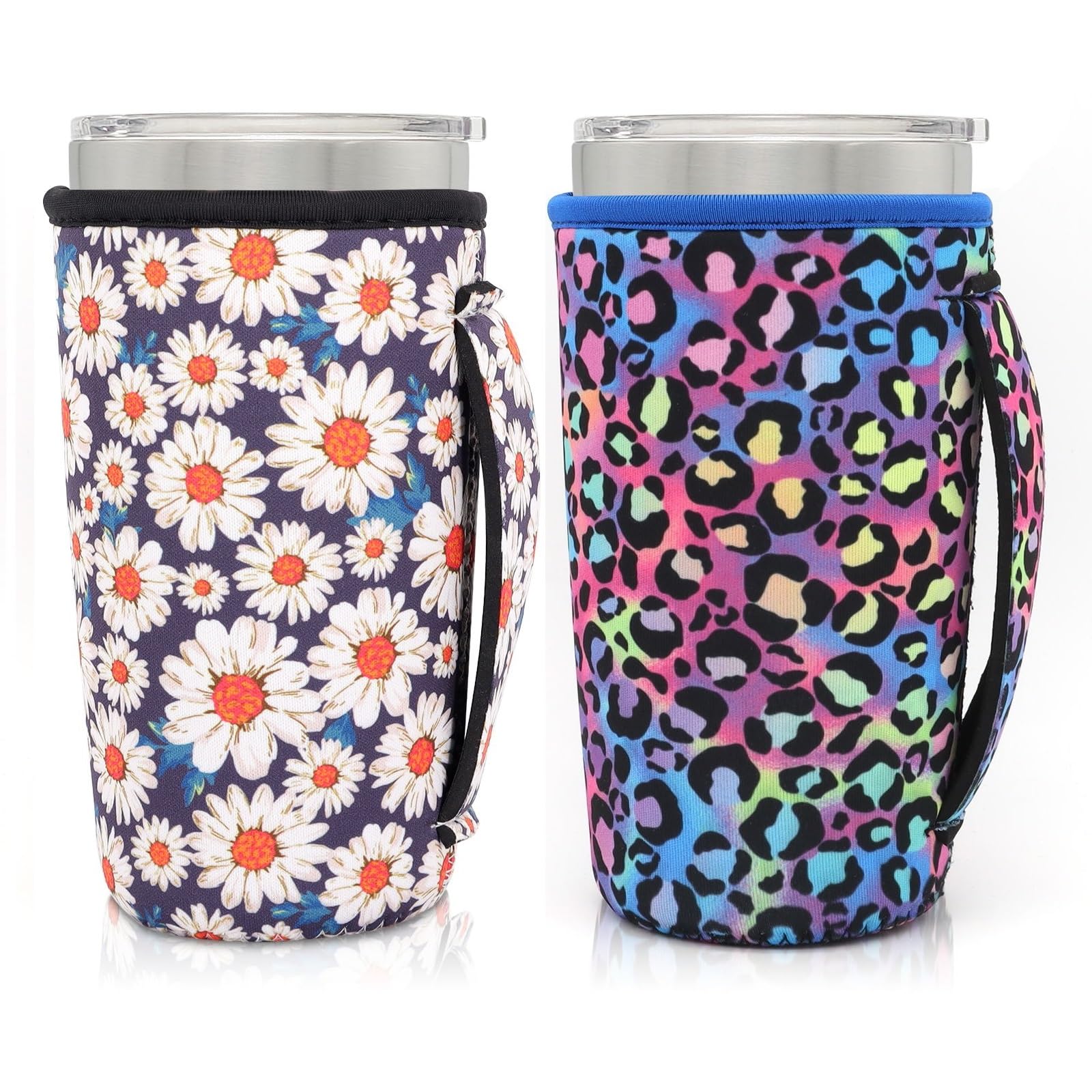 Neoprene Insulated Sleeves Cup Holder with Handle for 20oz Tumbler Cups, Reusable Iced Coffee Sleeve Compatible with Starbucks Trenta, Dunkin Large, more(Daisy Blooming & Blue Cheetah(2 Pack))