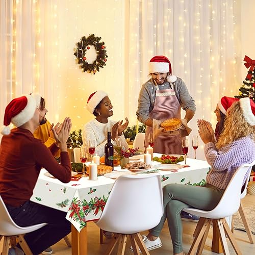 Miniatura 6 de Mantel de fiesta de Navidad con acebo y cono de pino, 3 piezas, mantel rectangular de 108 x 54 pulgadas, rectangular, impermeable, decoración para