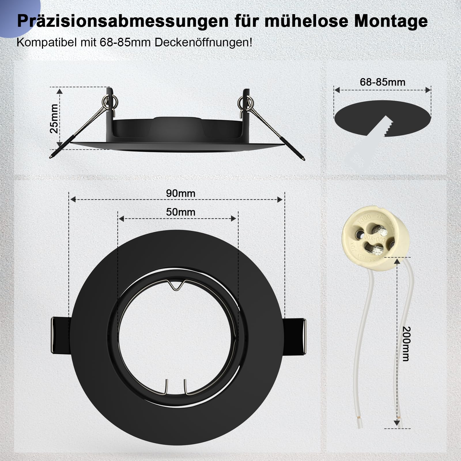 20x LED Einbaustrahler Rahmen GU10 Schwenkbar Einbaurahmen 68mm Schwarz Rund Deckenspots 230V inkl. GU10 Fassung LED oder Halogen