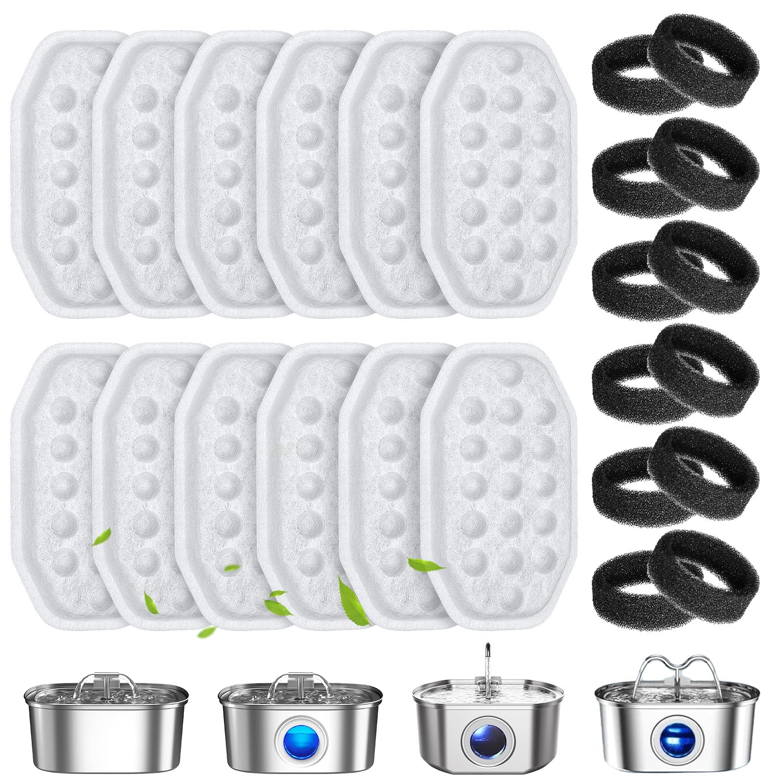 24 Pcs Cat Water Fountain Filters Replacement & Pre-Filter Sponges for 108oz/3.2 Stainless Steel Pet Water Fountain with Water Level Window