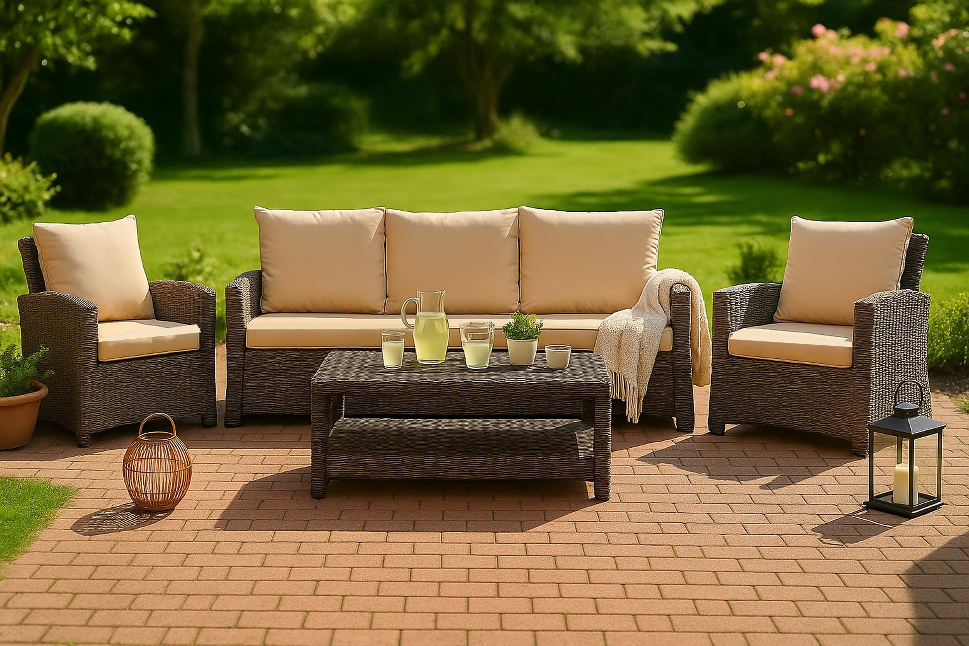 Cuscino per panchina da esterno per panca da giardino con imbottitura in polirattan - Cuscino per panca per dondolo in rattan (Beige, 110x60x50cm)
