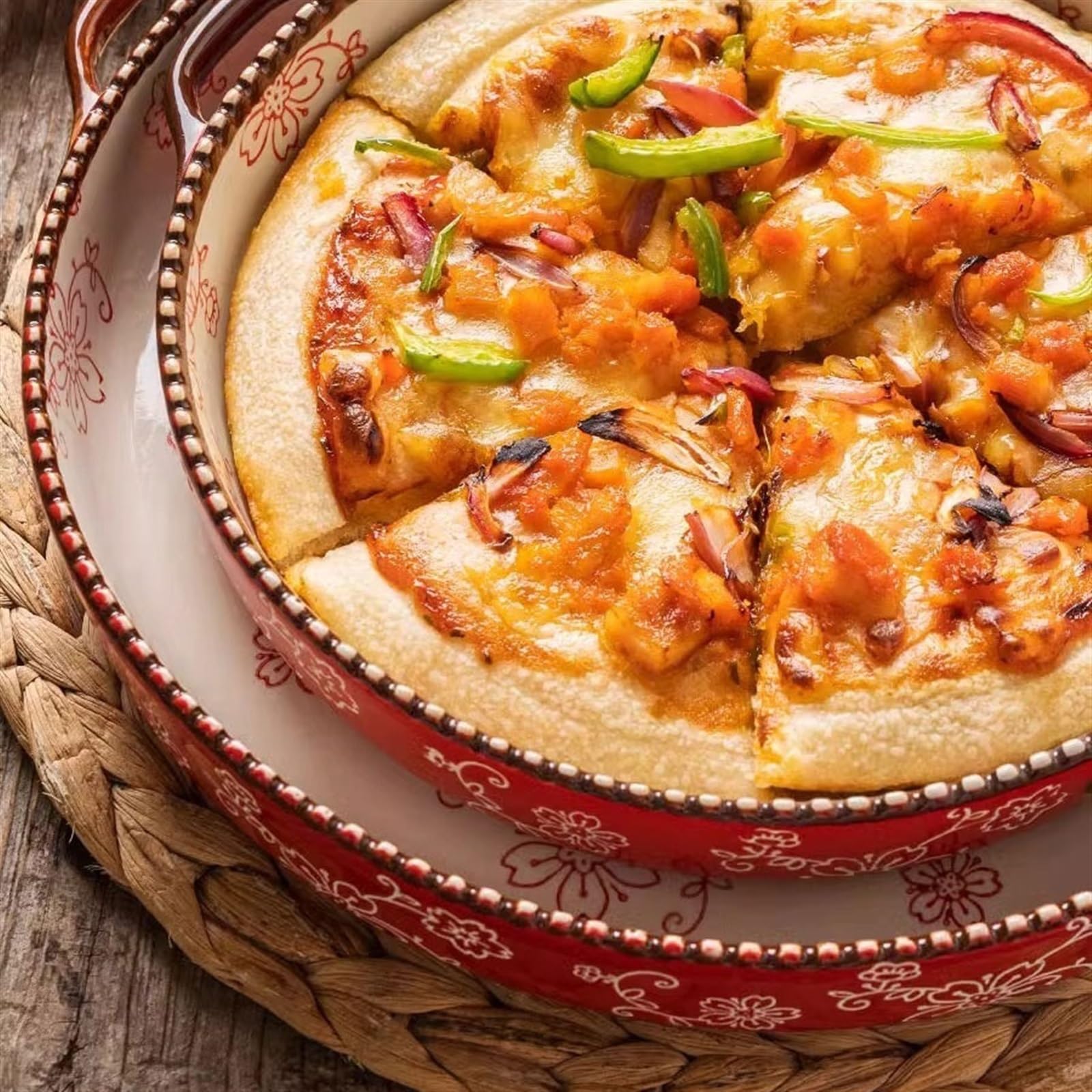 Auflaufformen Runde Pizzapfanne, Keramik-Backform mit Doppelohr, Ofen mit speziellem Haushaltskäse-Backblech for Reis Lasagneform(Red)