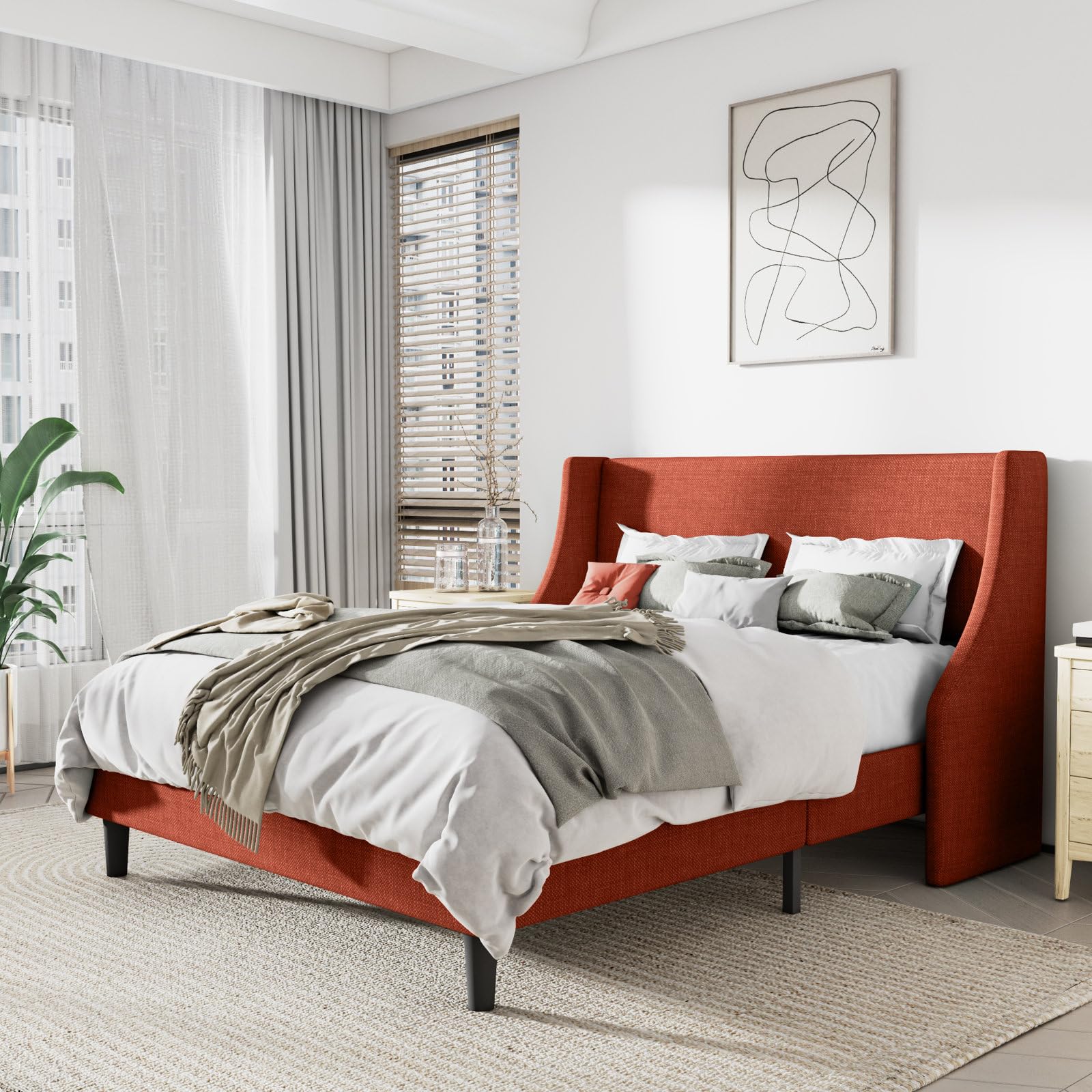 HITHOS Breeze Solid Wood Queen Size Bed Without Storage Modern Upholstered Headboard Double Bed Solid Wooden Cot Palang for Living Room Bedroom Home (Burnt Orange) -1 Year Warranty-image-4