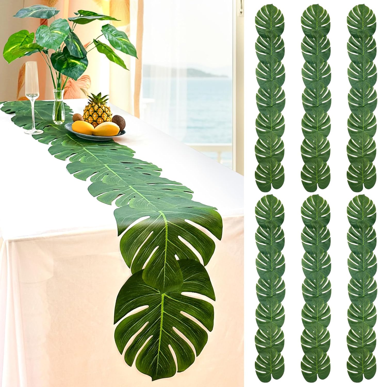 AerWo 6Pcs Artificial Palm Leaves Green Table Runner, Summer Tropical Leaf Table Runners 72 inches Long for Wedding Moana Jungle Safari Tropical Hawaiian Luau Party Decorations