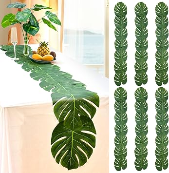 AerWo 6Pcs Artificial Palm Leaves Green Table Runner, Summer Tropical Leaf Table Runners 72 inches Long for Wedding Moana Jungle Safari Tropical Hawaiian Luau Party Decorations