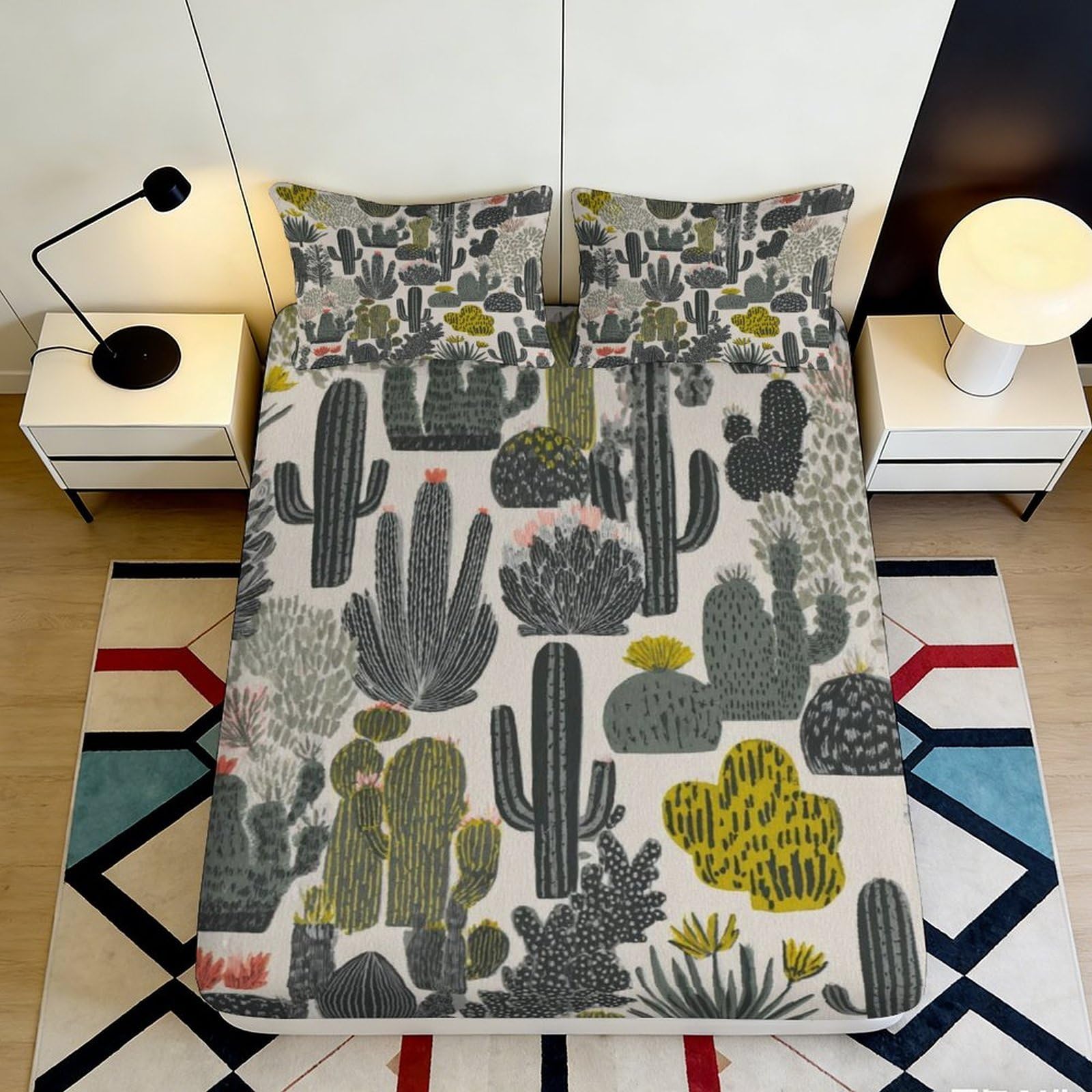 3D Printed Cactus Desert Fitted Sheet Microfiber Soft Anti-Slip Succulent Plants Bed Cover for Bedroom Dorm Decor 120x200x25cm