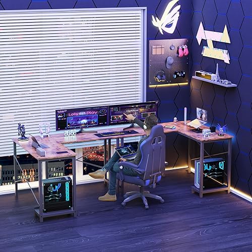 Miniatura 6 de DUMOS Escritorio de computadora en forma de L, mesa de juegos de esquina de madera con bolsa de almacenamiento lateral para oficina en casa y