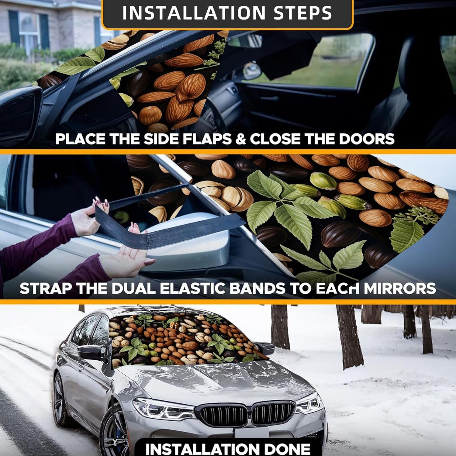 Walnut with Green Leaves Windshield Cover Snow Ice Frost Protector, Universal Front Window Sun Shade with Side Flaps and Elastic Straps for Car SUV Truck, Includes Storage Bag