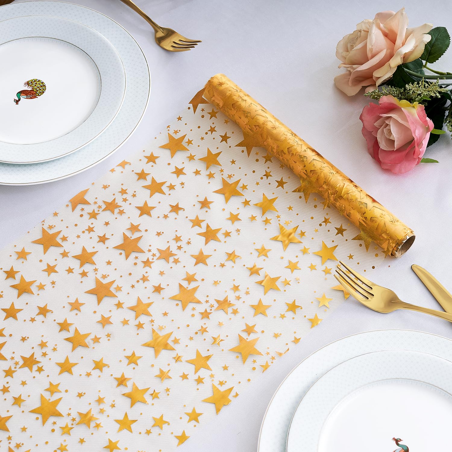 Camino de Mesa Navideño Dorado de Malla Metálica, Camino de Mesa En Rollo Estrella Dorada Brillante para Bricolaje, Boda, Fiesta de Cumpleaños, Decoración de Caja de Florero 28x275 cm