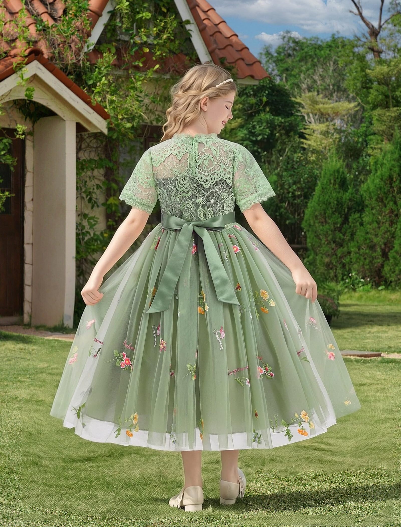 Abito da bambina in pizzo, a maniche corte, girocollo, in tulle, da principessa, per compleanno, damigella d'onore, matrimonio, festa, cerimonia, prima comunione
