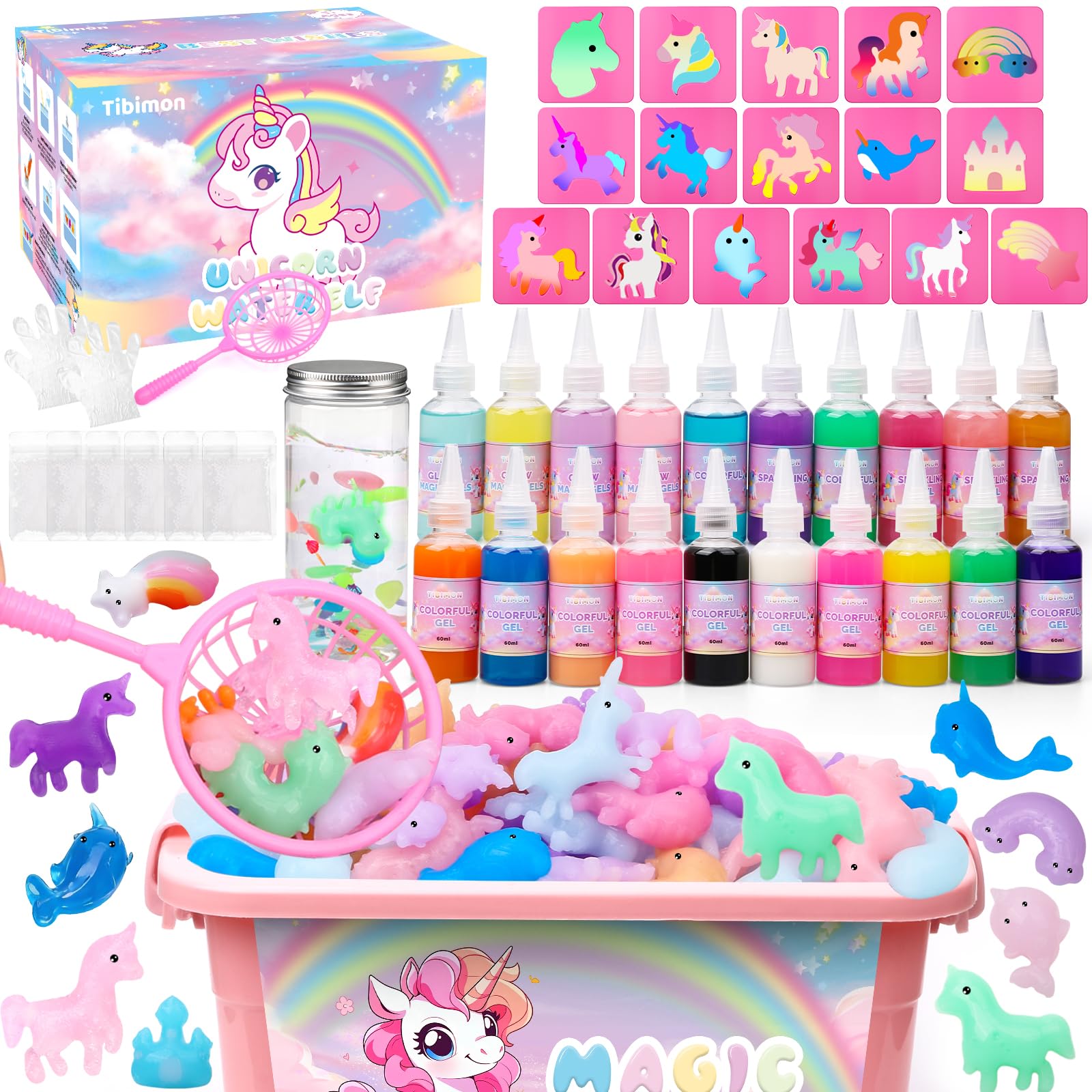 Tibimon Einhorn Magic Water Elf, DIY 3D Magisches Wasser Gel Spielzeug, 20 Magischem Gel und 16 Formen, Magic Water elf für Kinder 4 5 6+, Geburtstag, Weihnachten, Ostern, Geschenk für Jungen Mädchen